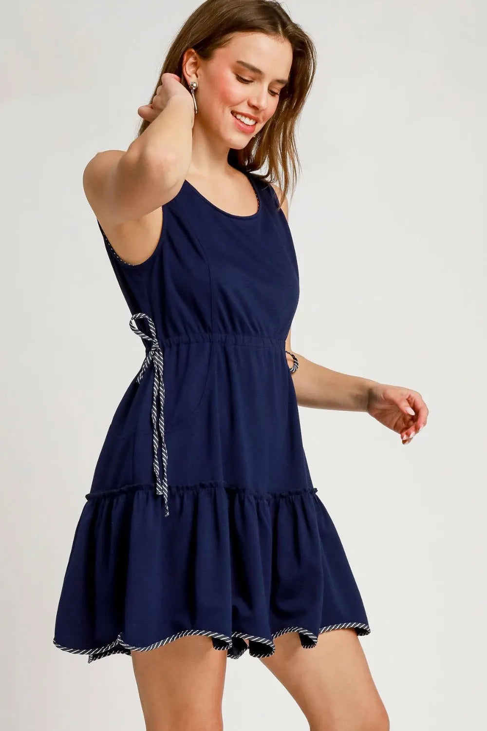 Umgee Frill Drawstring Waist Round Neck Mini Tank Dress - Blushé Belle
