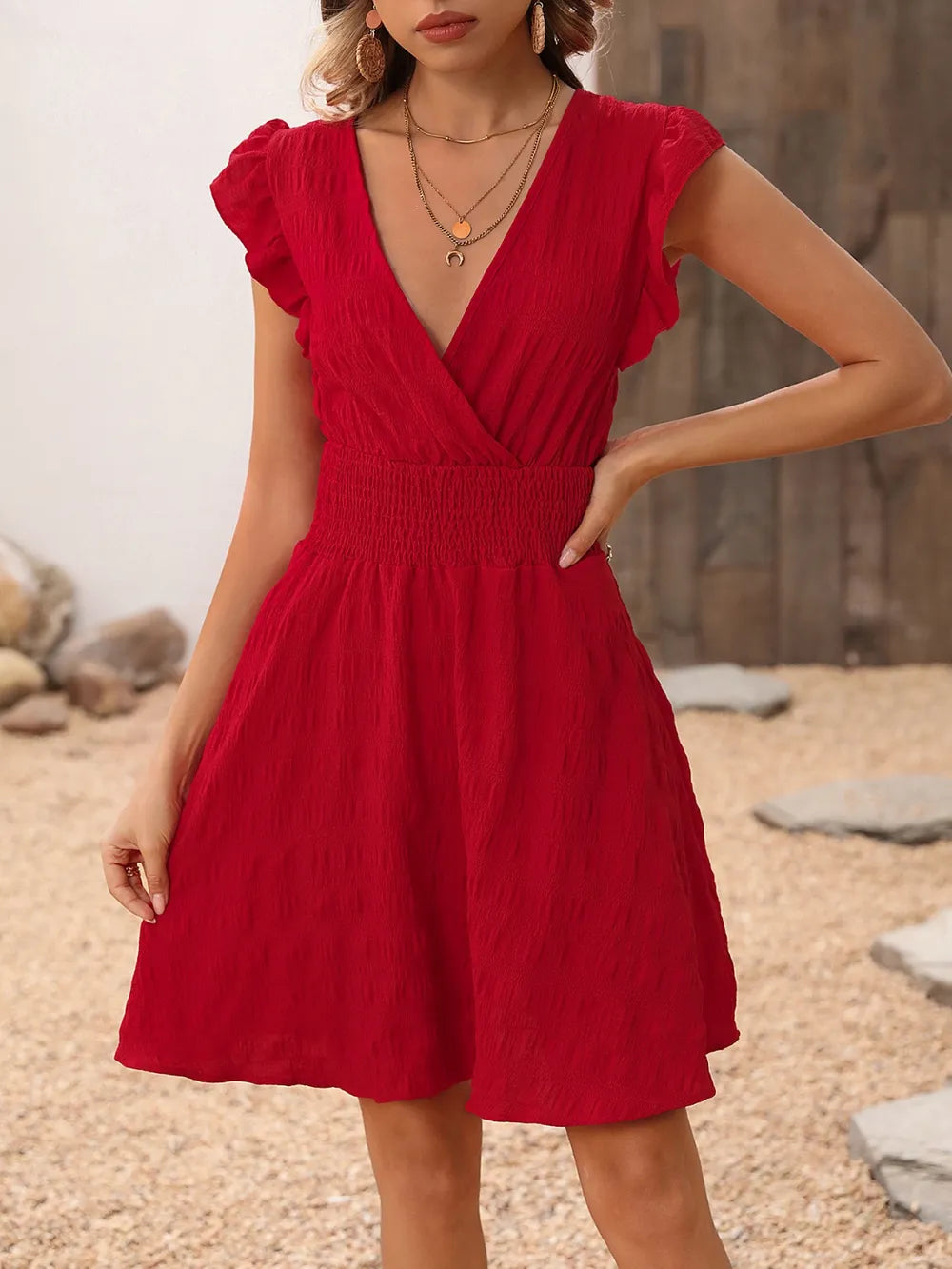 Smocked Ruffled Surplice Mini Dress - Blushé Belle
