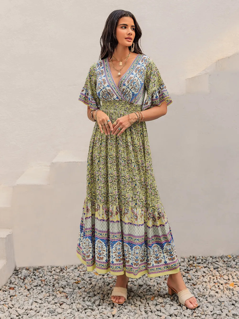 Ruched Printed Flounce Sleeve Maxi Dress - Blushé Belle