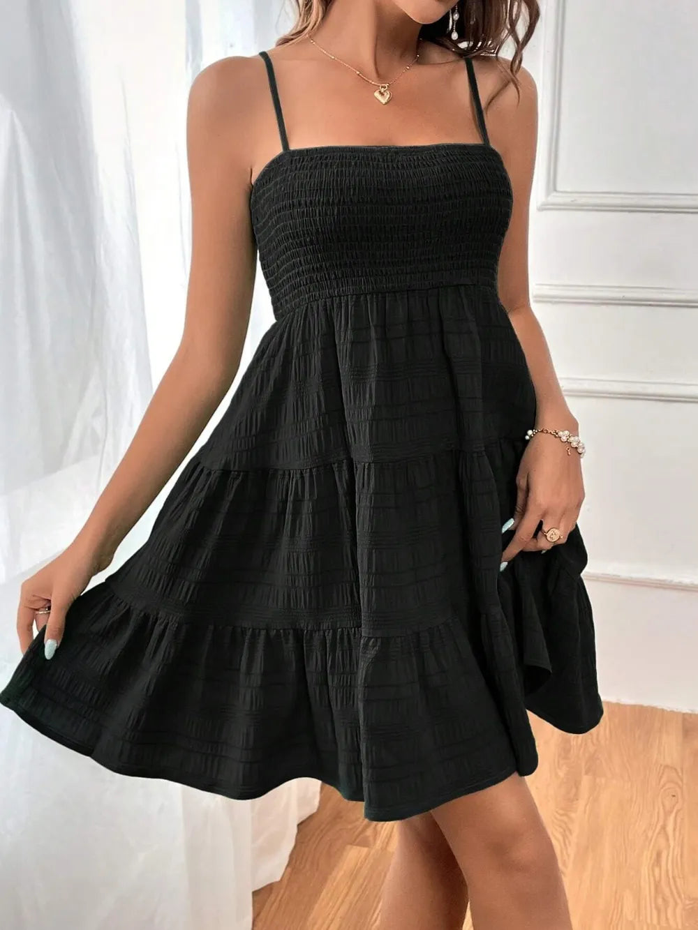 Smocked Tiered Sleeveless Mini Dress - Blushé Belle