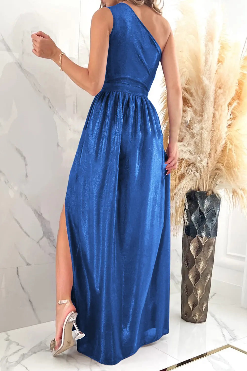 One Shoulder Slit Ruched Maxi Dress - Blushé Belle