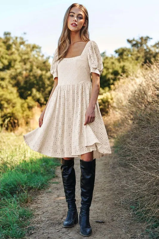 Davi & Dani Eyelet Baby Doll Romantic Square Neck Dress - Blushé Belle