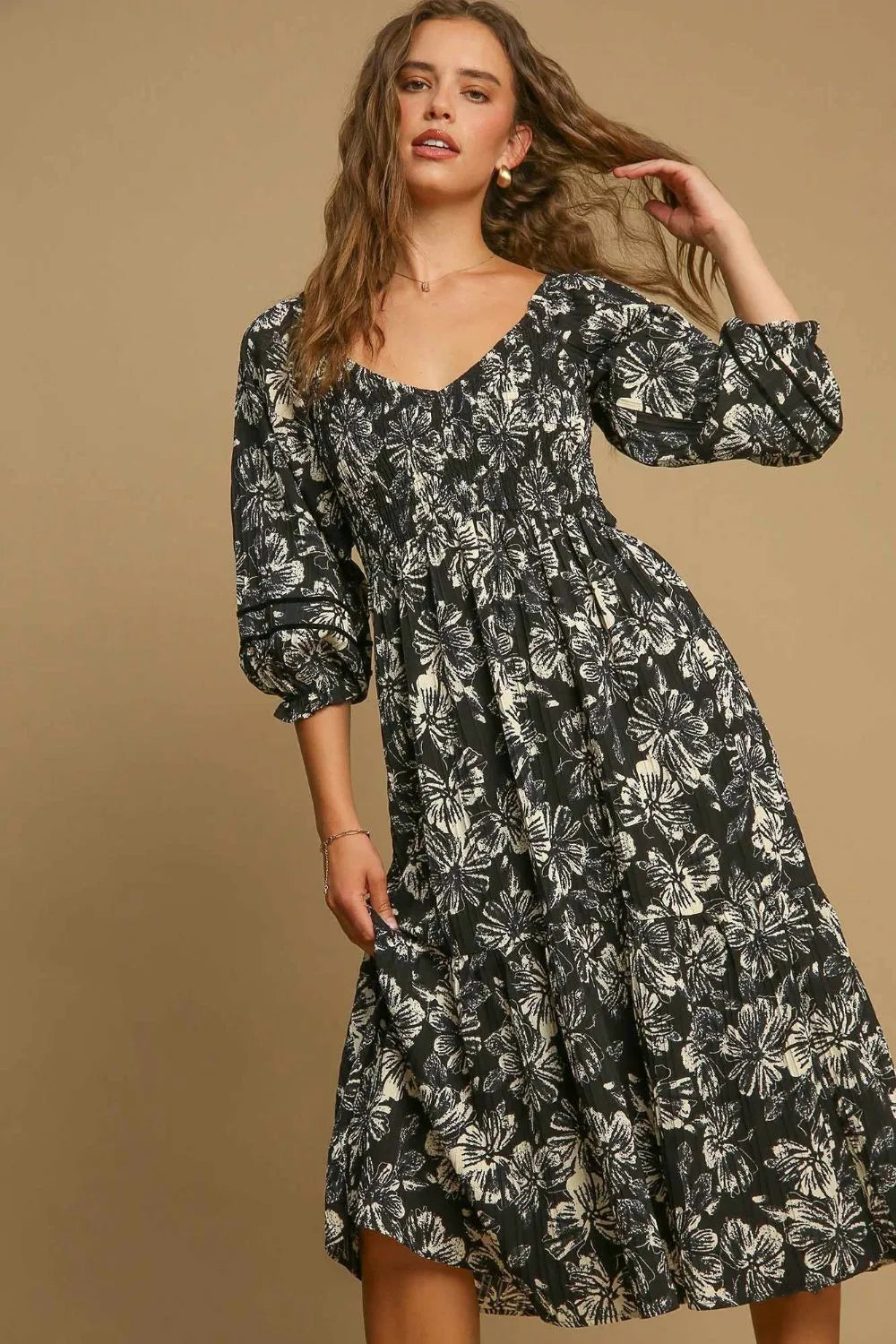 Umgee Ruffle Hem Flower Printed V-Neck Dress - Blushé Belle