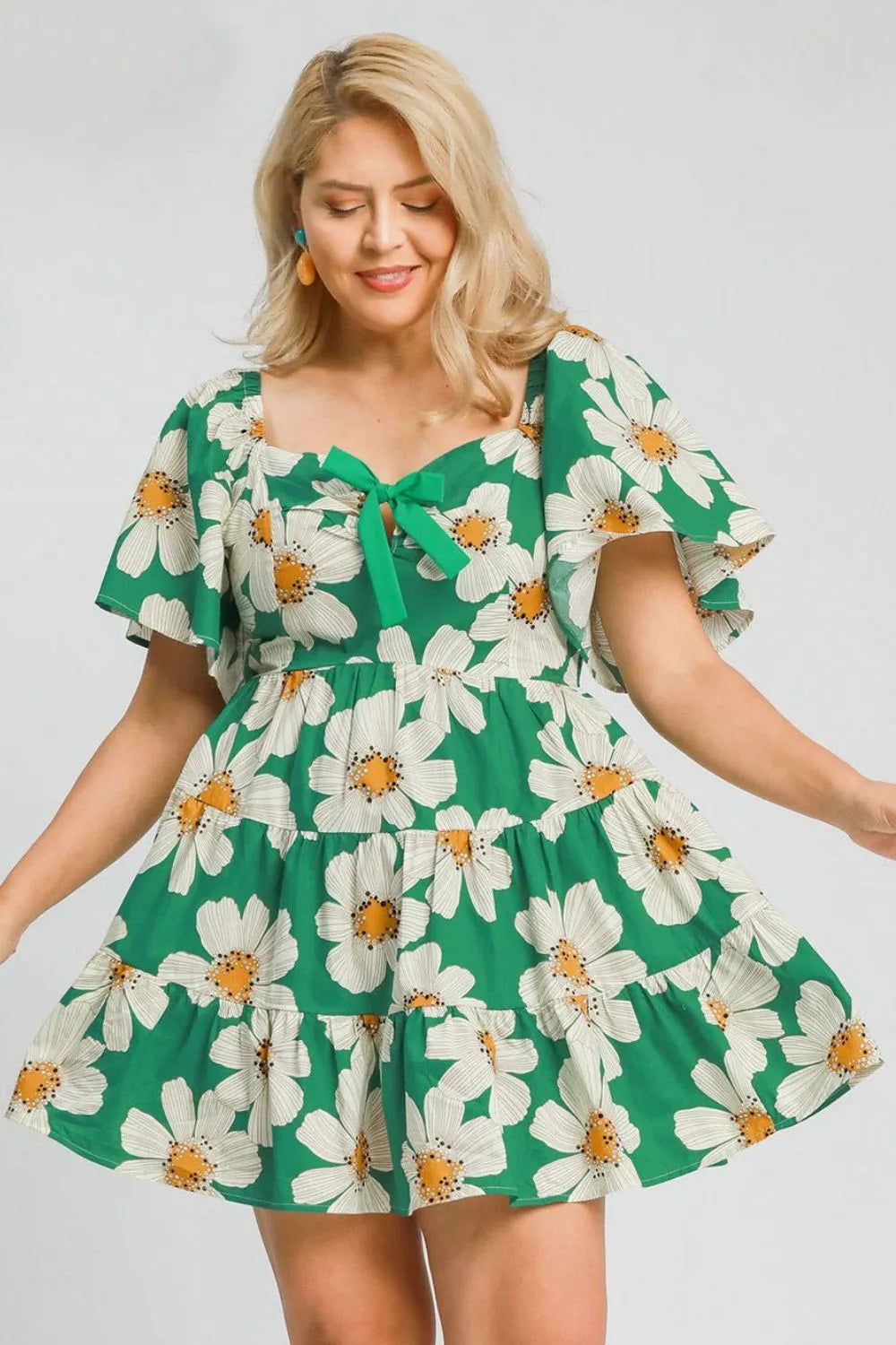 Umgee Full Size Daisy Print Mini Dress with Ribbon Details Plus Size - Blushé Belle
