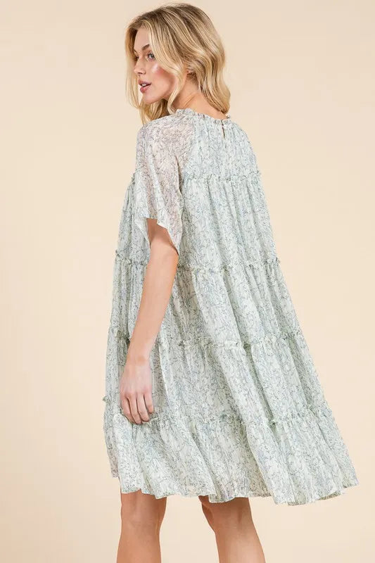 Lime 'N' Chili Ditsy Floral Print Sheer Ruffle Detail Mini Dress - Blushé Belle