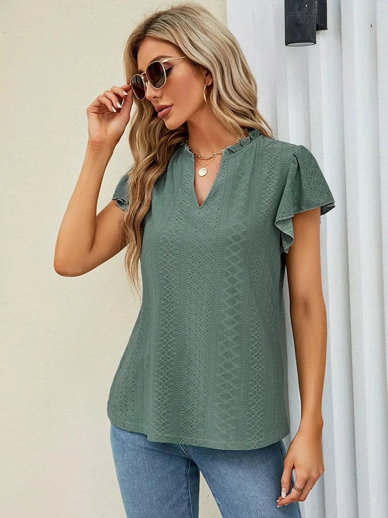 Eyelet Notched Short Sleeve T-Shirt - Blushé Belle