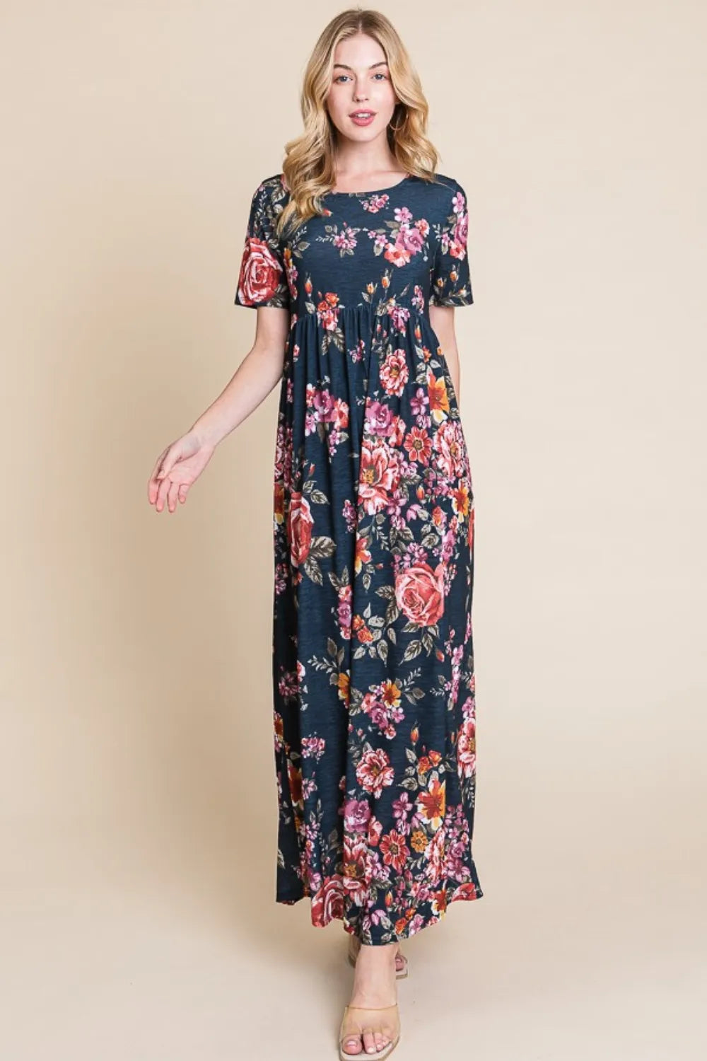 BOMBOM Floral Short Sleeve Maxi Dress - Blushé Belle