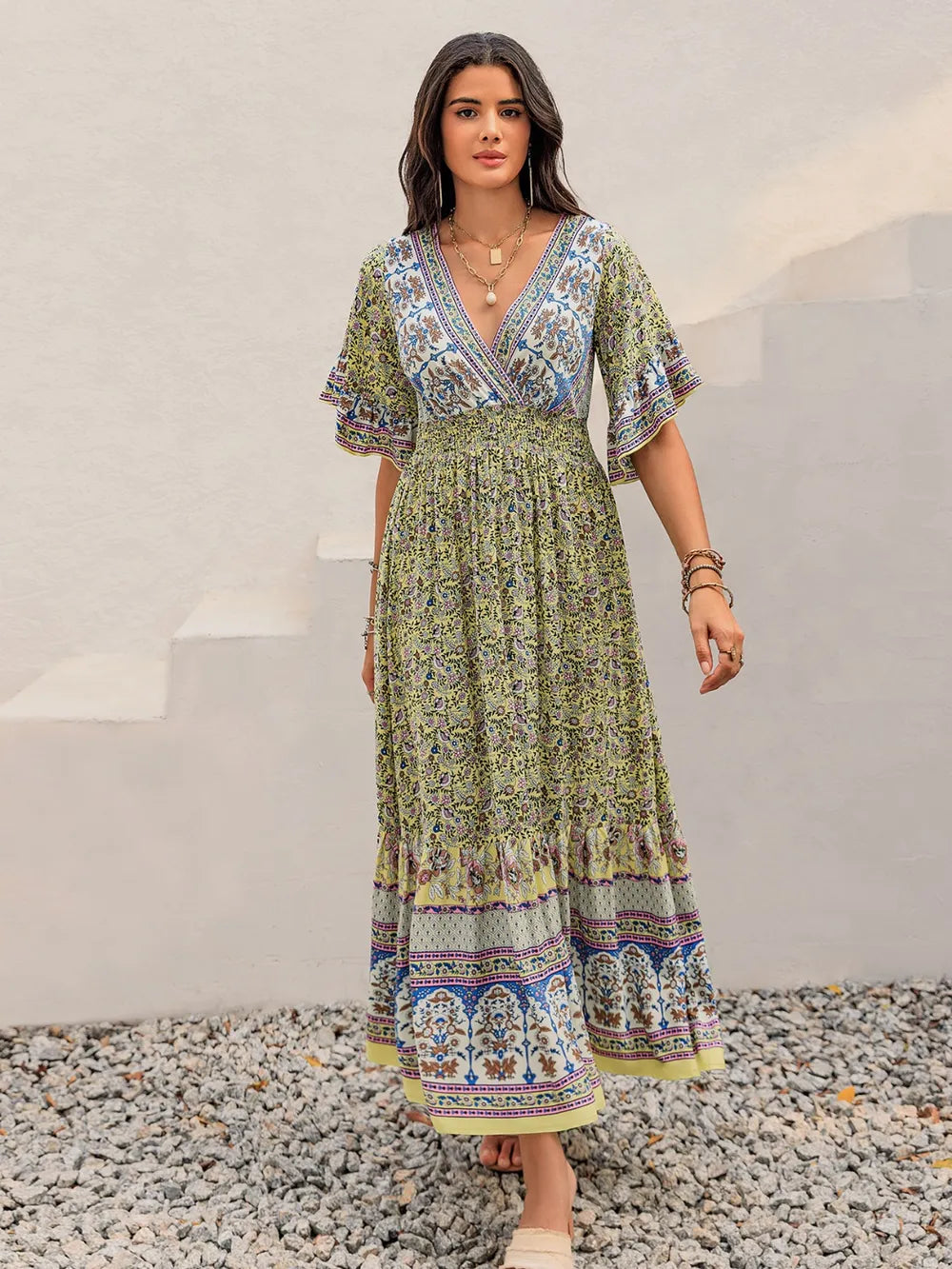Ruched Printed Flounce Sleeve Maxi Dress - Blushé Belle