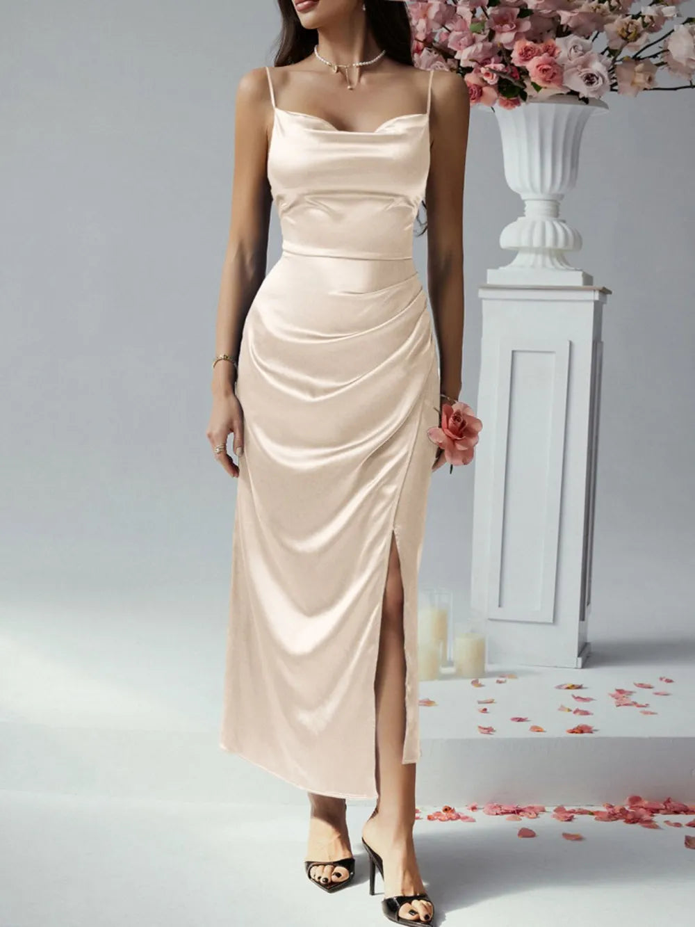 Devine Slit Ruched Maxi Cami Dress - Blushé Belle