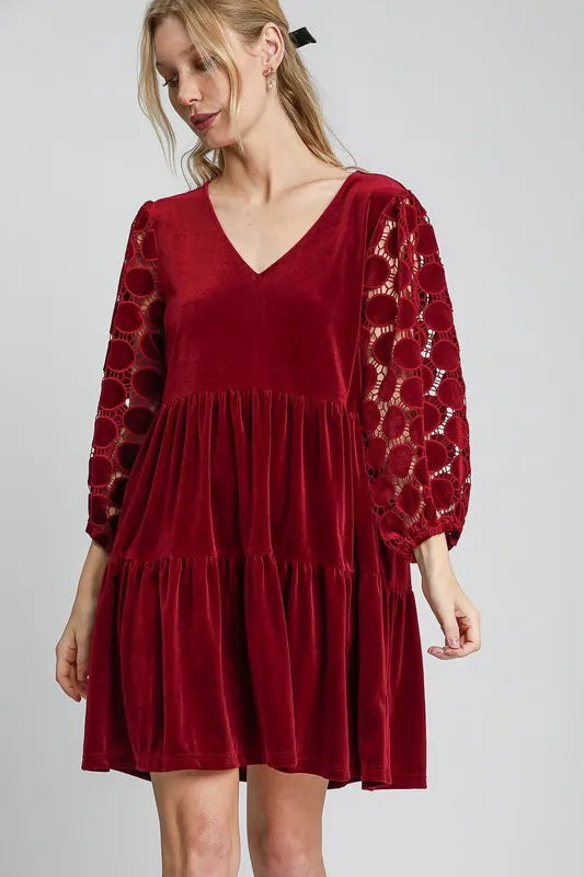Umgee Dotted Lace Sleeve Tiered Velvet Mini Dress - Blushé Belle