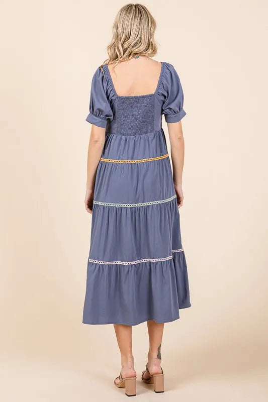 Lime 'N' Chili Trim Detail Puff Sleeve Tiered Maxi Dress - Blushé Belle