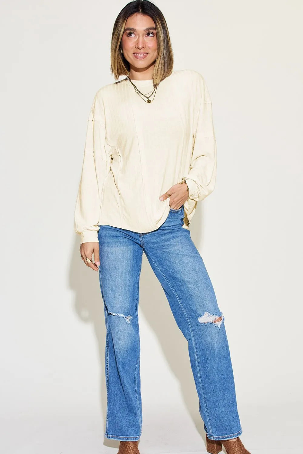 Basic Bae Full Size Ribbed Round Neck Long Sleeve T-Shirt - Blushé Belle