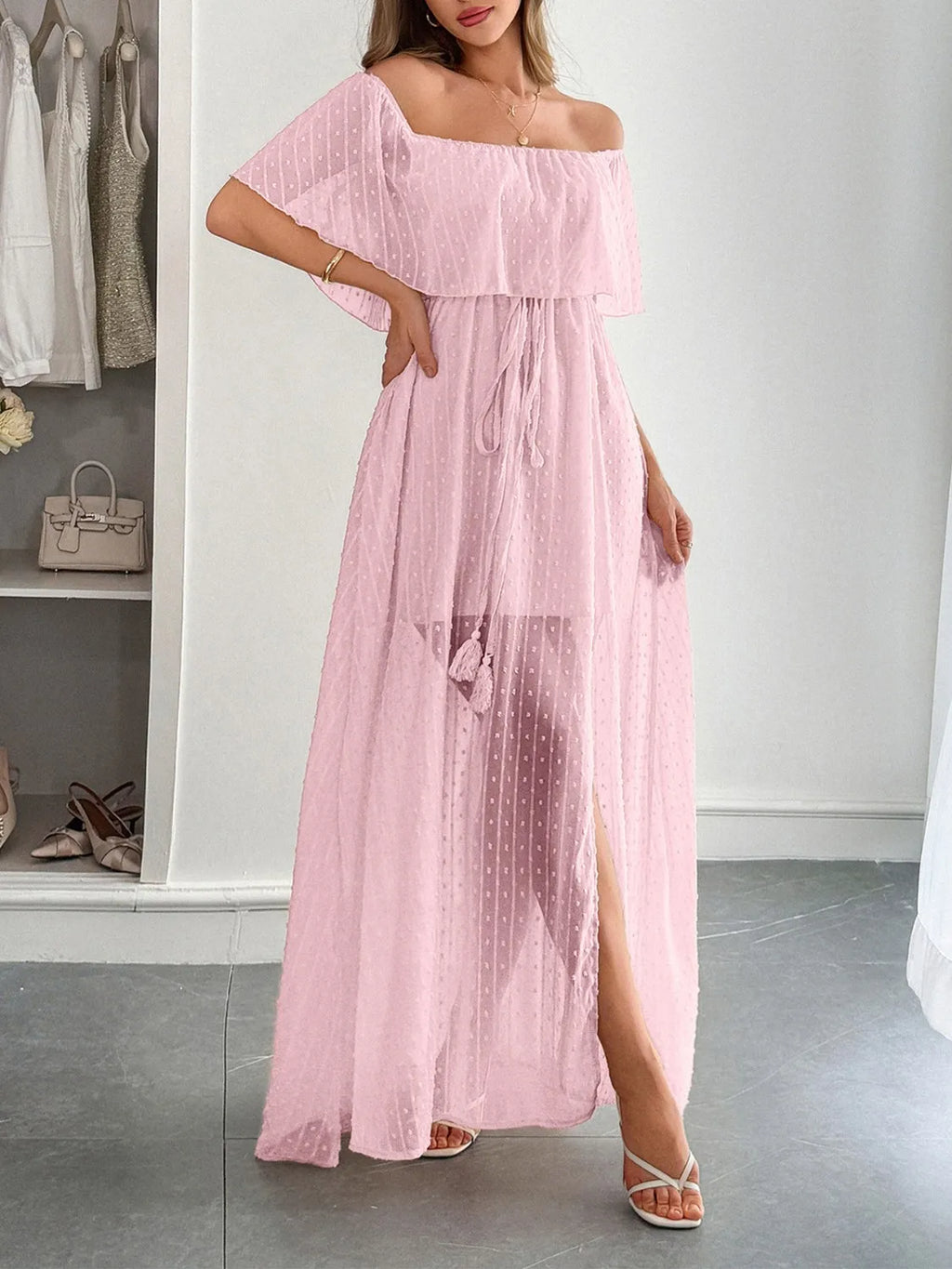 Swiss Dot Off Shoulder Maxi Dress - Blushé Belle