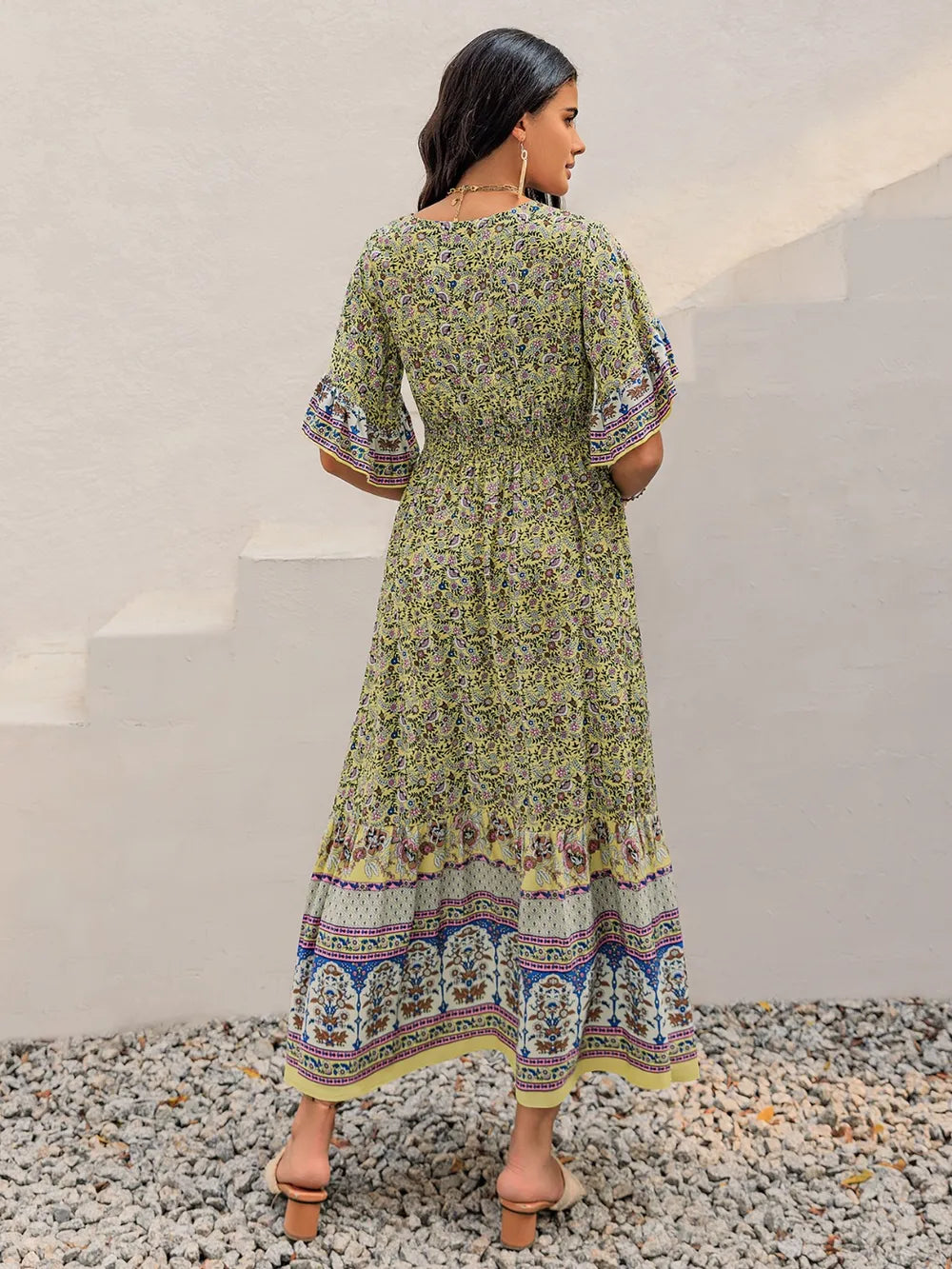Ruched Printed Flounce Sleeve Maxi Dress - Blushé Belle