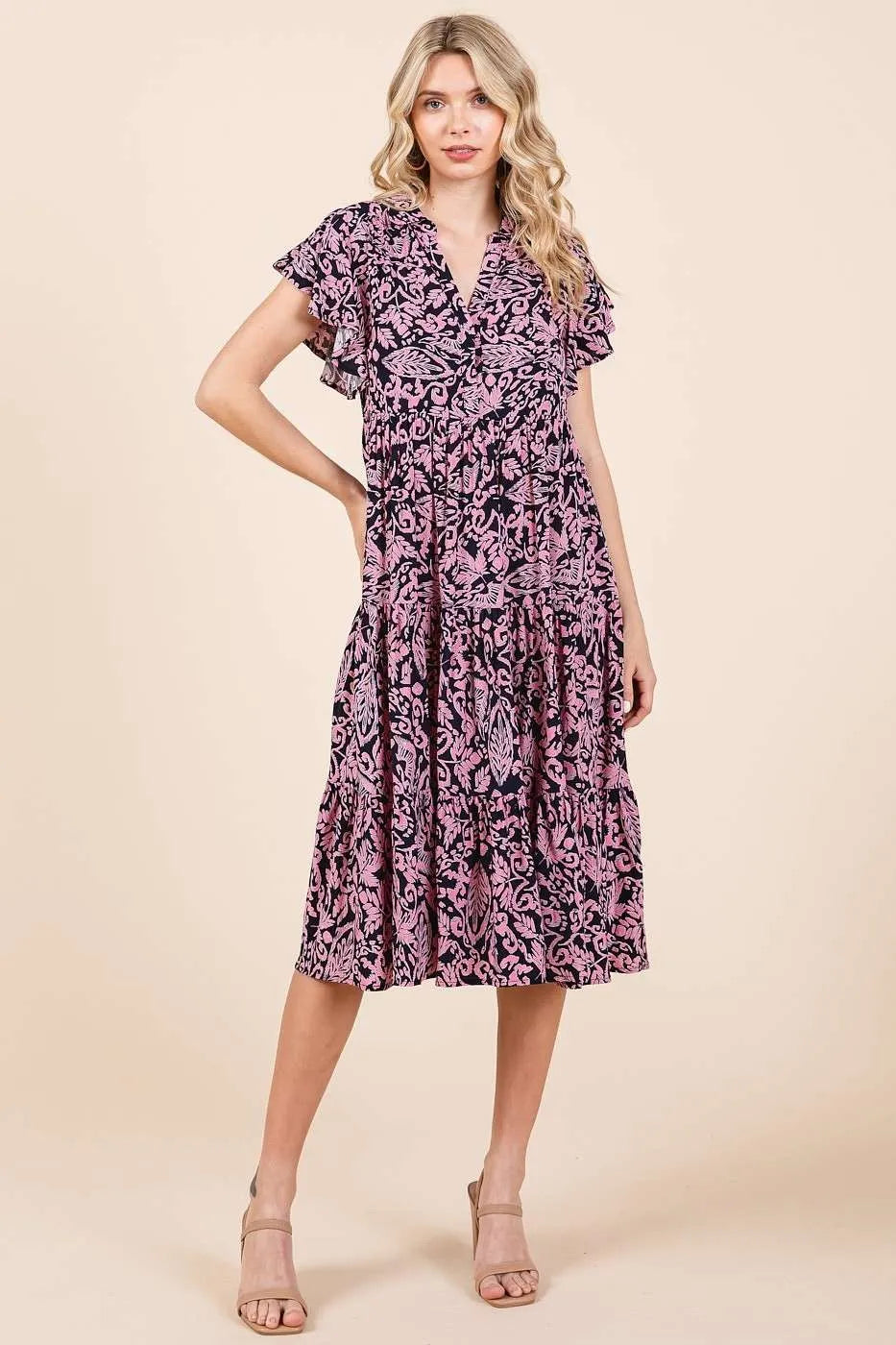 Mittoshop Abstract Print Ruffle Tier Midi Dress - Blushé Belle