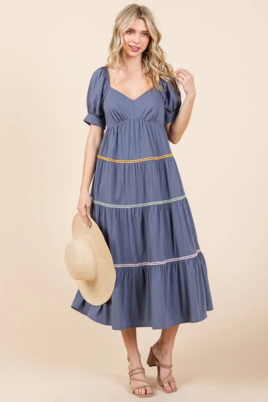 Lime 'N' Chili Trim Detail Puff Sleeve Tiered Maxi Dress - Blushé Belle