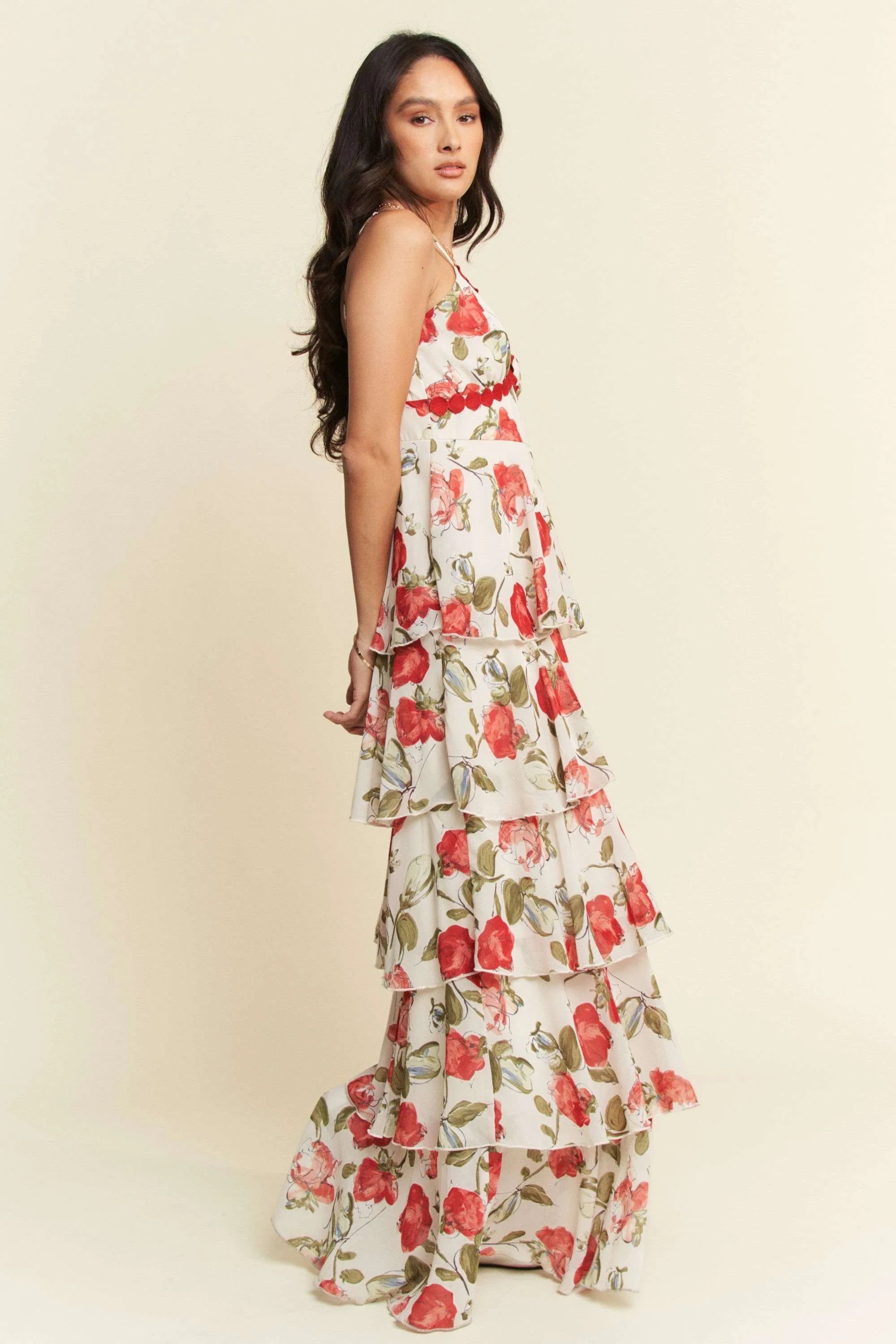 Davi & Dani Contrast Ring Lace Layered Ruffle Maxi Cami Dress - Blushé Belle