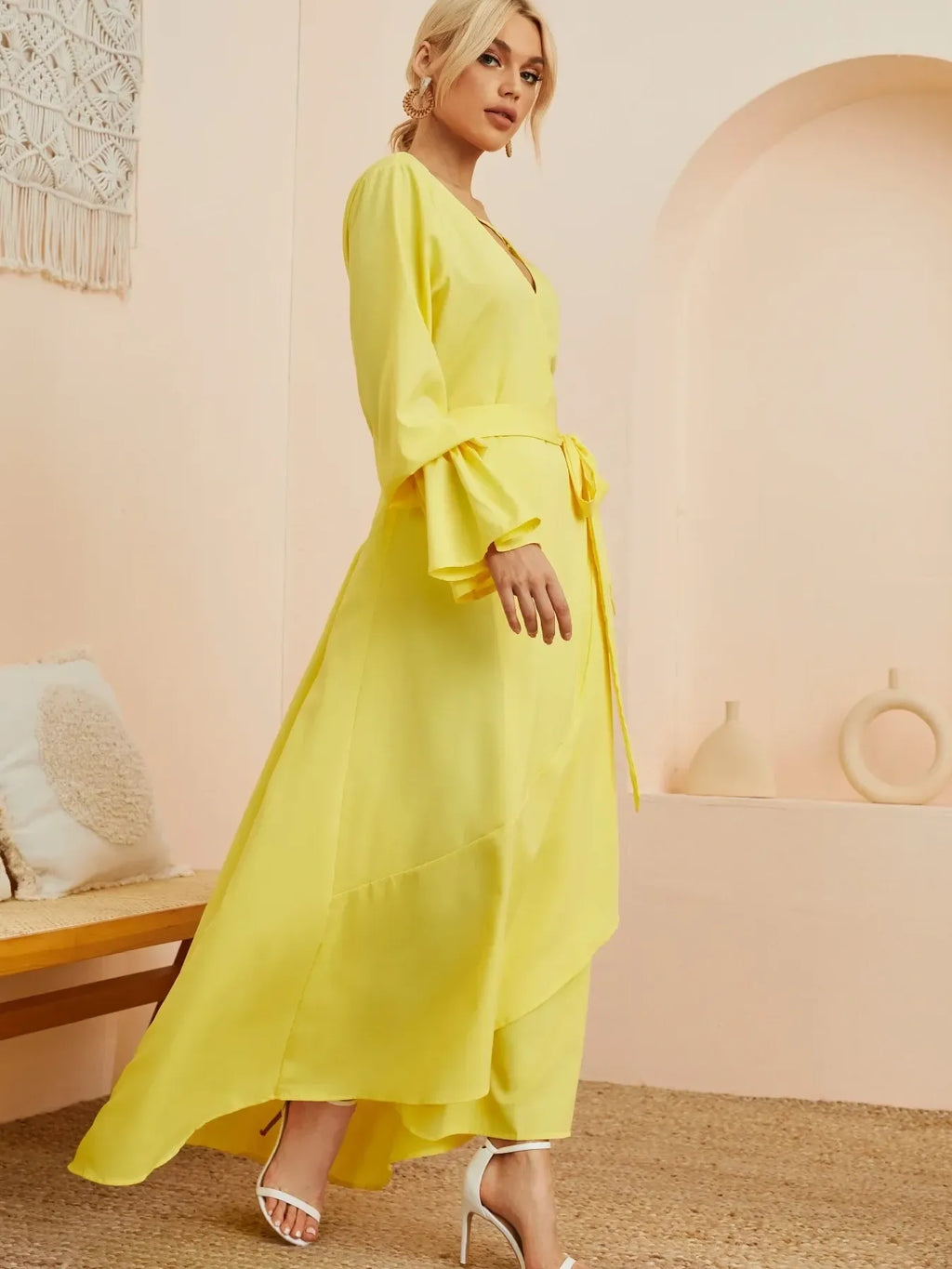 Ruffled Wrap Maxi Dress with Bell Sleeves - Blushé Belle