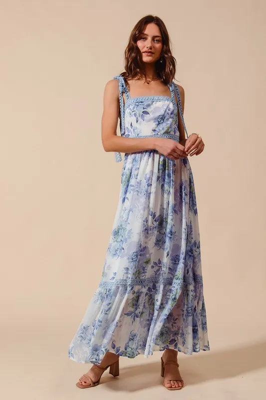 SO ME Floral Print Flowy Maxi Dress with Lace Ribbon Tie - Blushé Belle