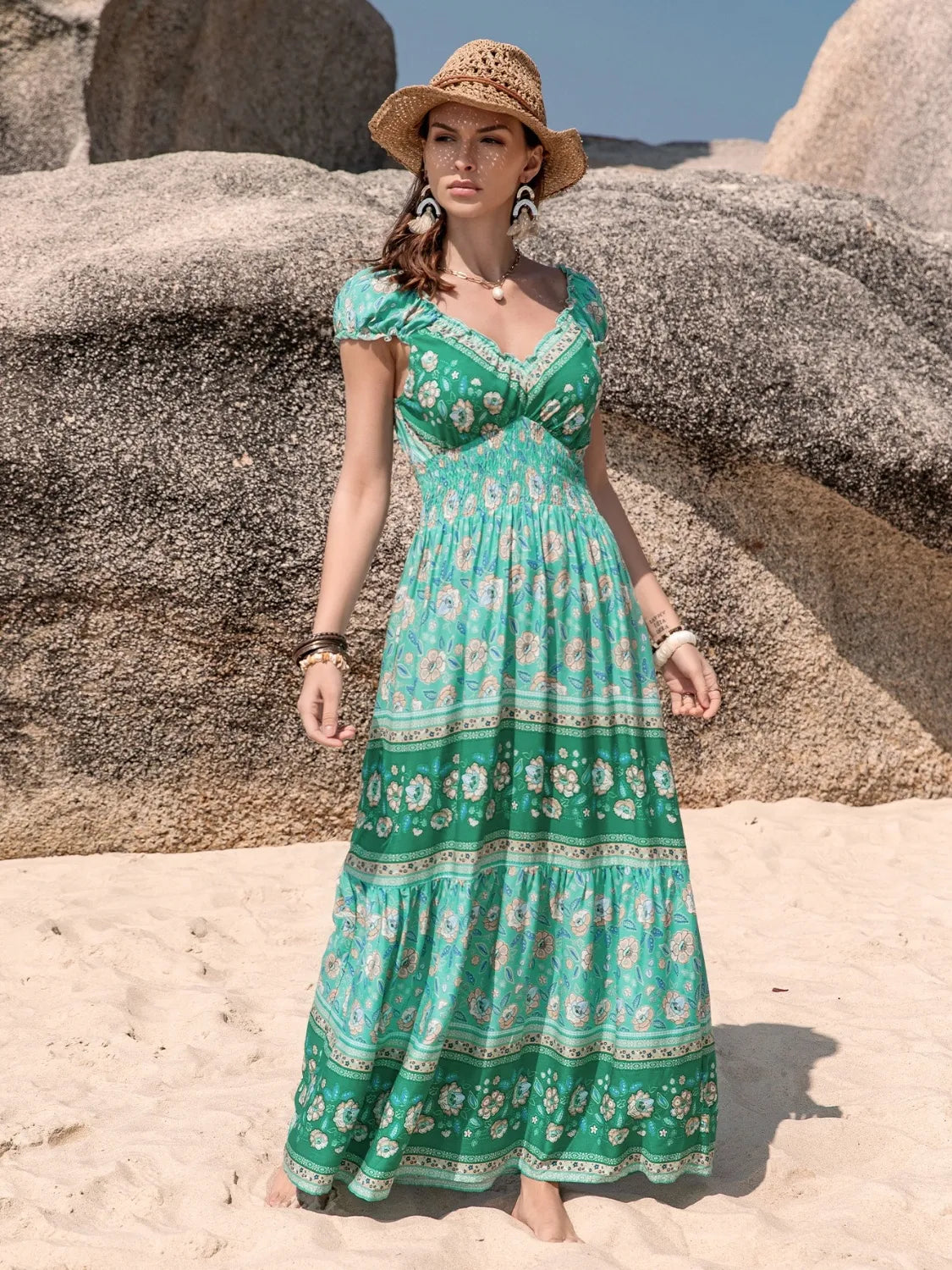 Smocked Printed V-Neck Dress - Blushé Belle