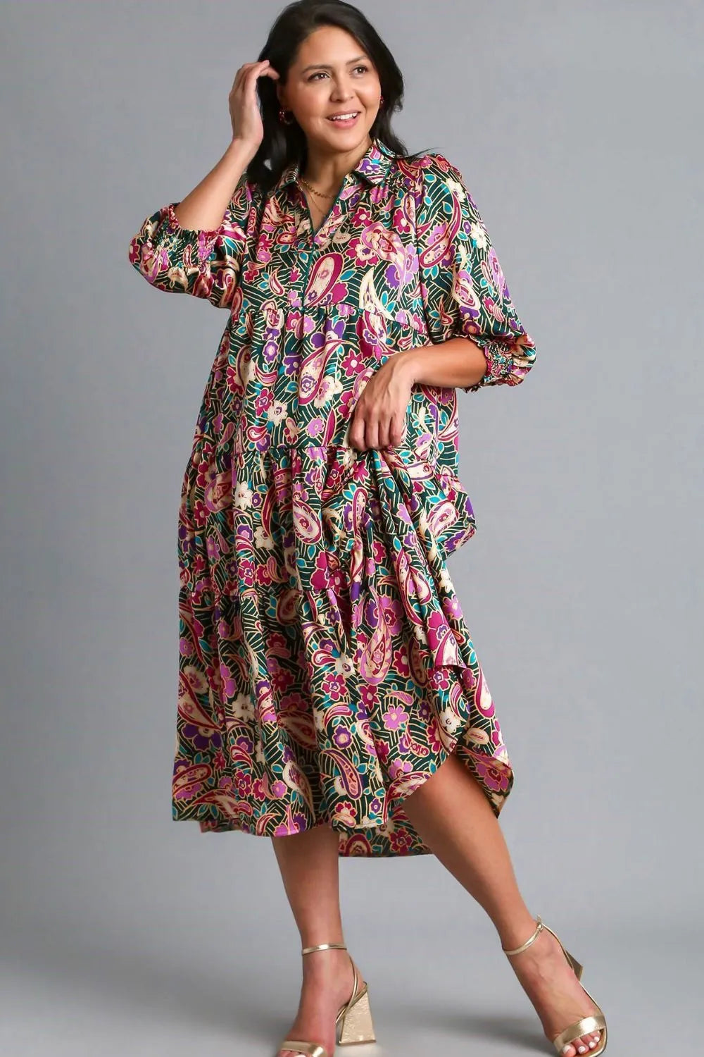 Umgee Full Size Paisley Print Satin Tiered Midi Dress Plus Size - Blushé Belle