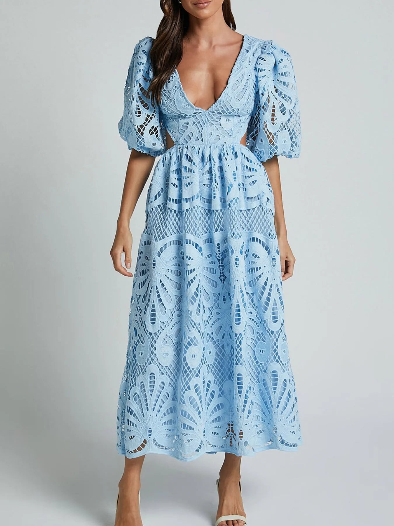 Cutout Back Lace Crochet V-Neck Dress - Blushé Belle