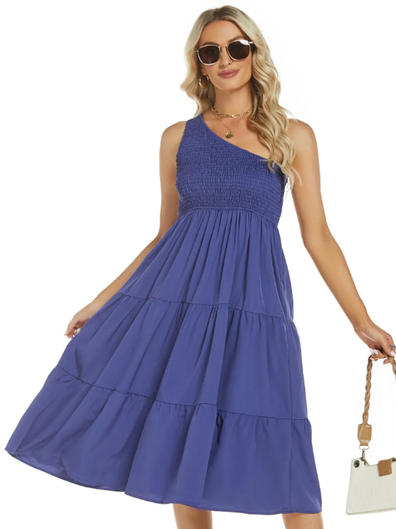 One-Shoulder Tiered Midi Dress with Smocked Bodice - Blushé Belle