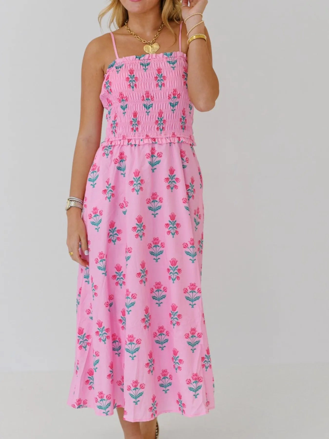 Floral Smocked Adjustable Strap Midi Cami Dress - Blushé Belle