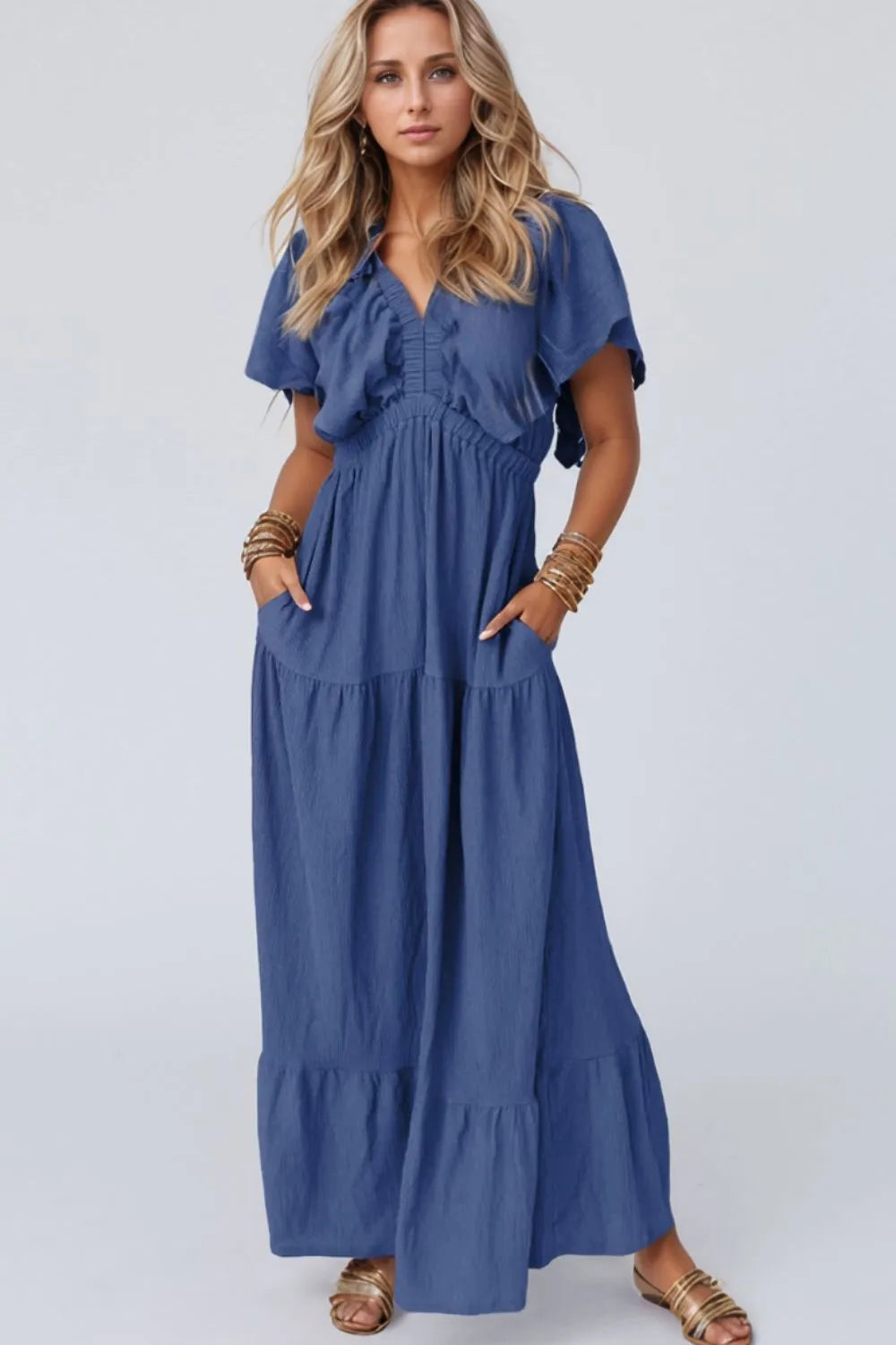 Ruffled V-Neck Short Sleeve Maxi Dress - Blushé Belle