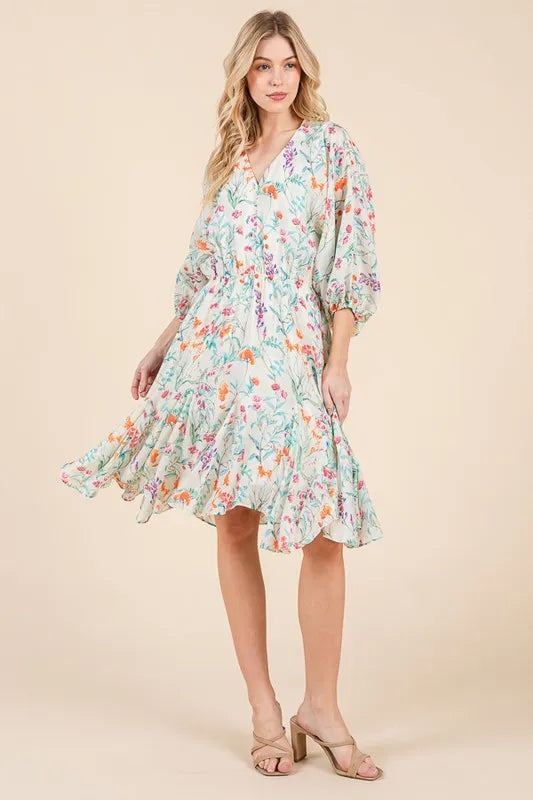 Lime 'N' Chili Floral Cinched Waist Balloon Sleeve V-Neck Dress - Blushé Belle