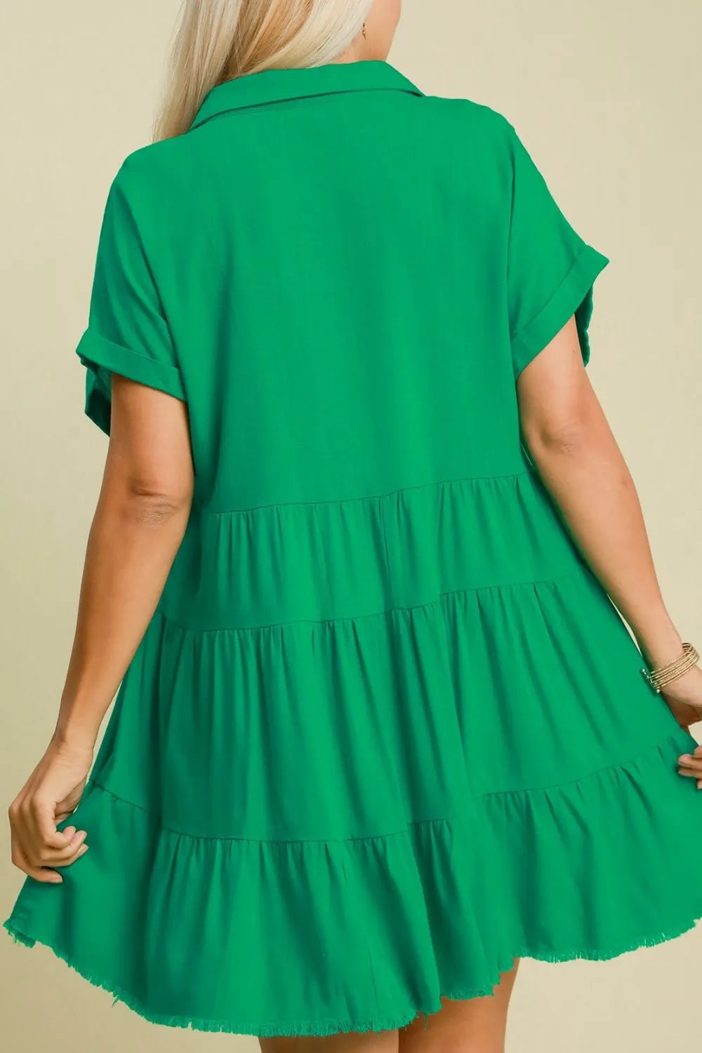Umgee Full Size Raw Hem Folded Sleeve Tiered Dress Plus Size - Blushé Belle
