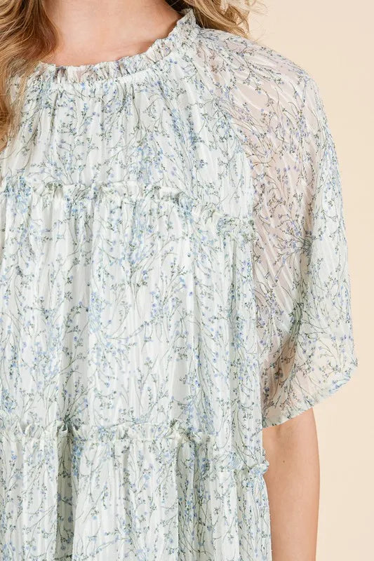 Lime 'N' Chili Ditsy Floral Print Sheer Ruffle Detail Mini Dress - Blushé Belle