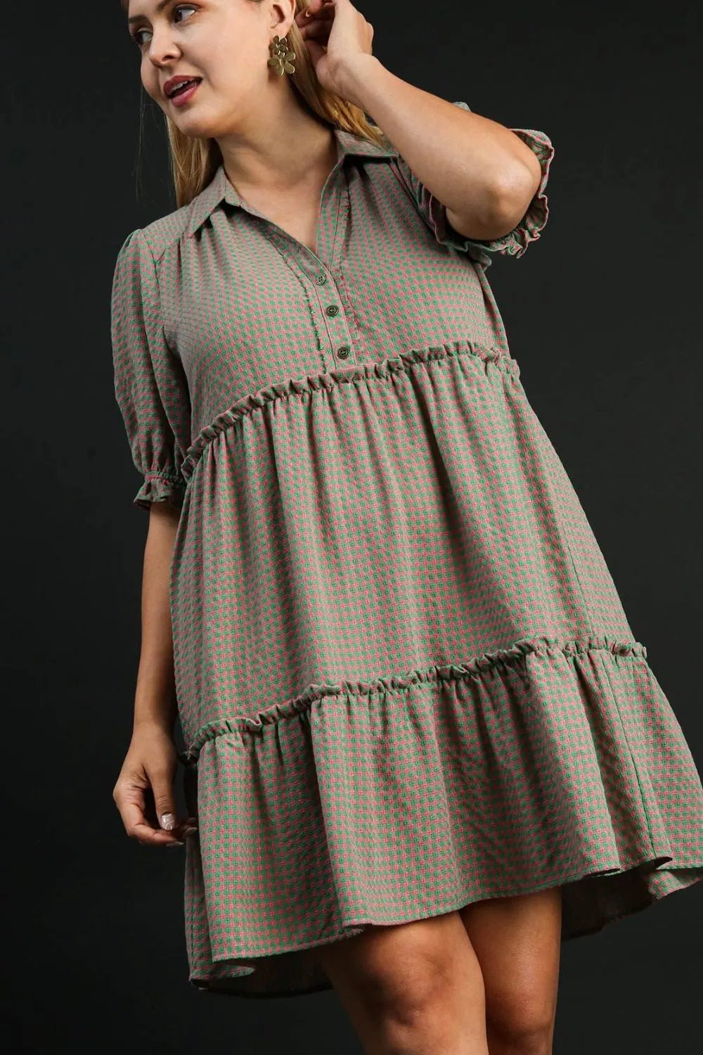 Umgee Full Size Plaid Frill Button Detail Ruffled Short Sleeve Dress Plus Size - Blushé Belle