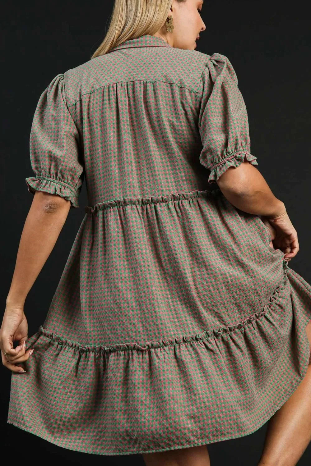 Umgee Full Size Plaid Frill Button Detail Ruffled Short Sleeve Dress Plus Size - Blushé Belle
