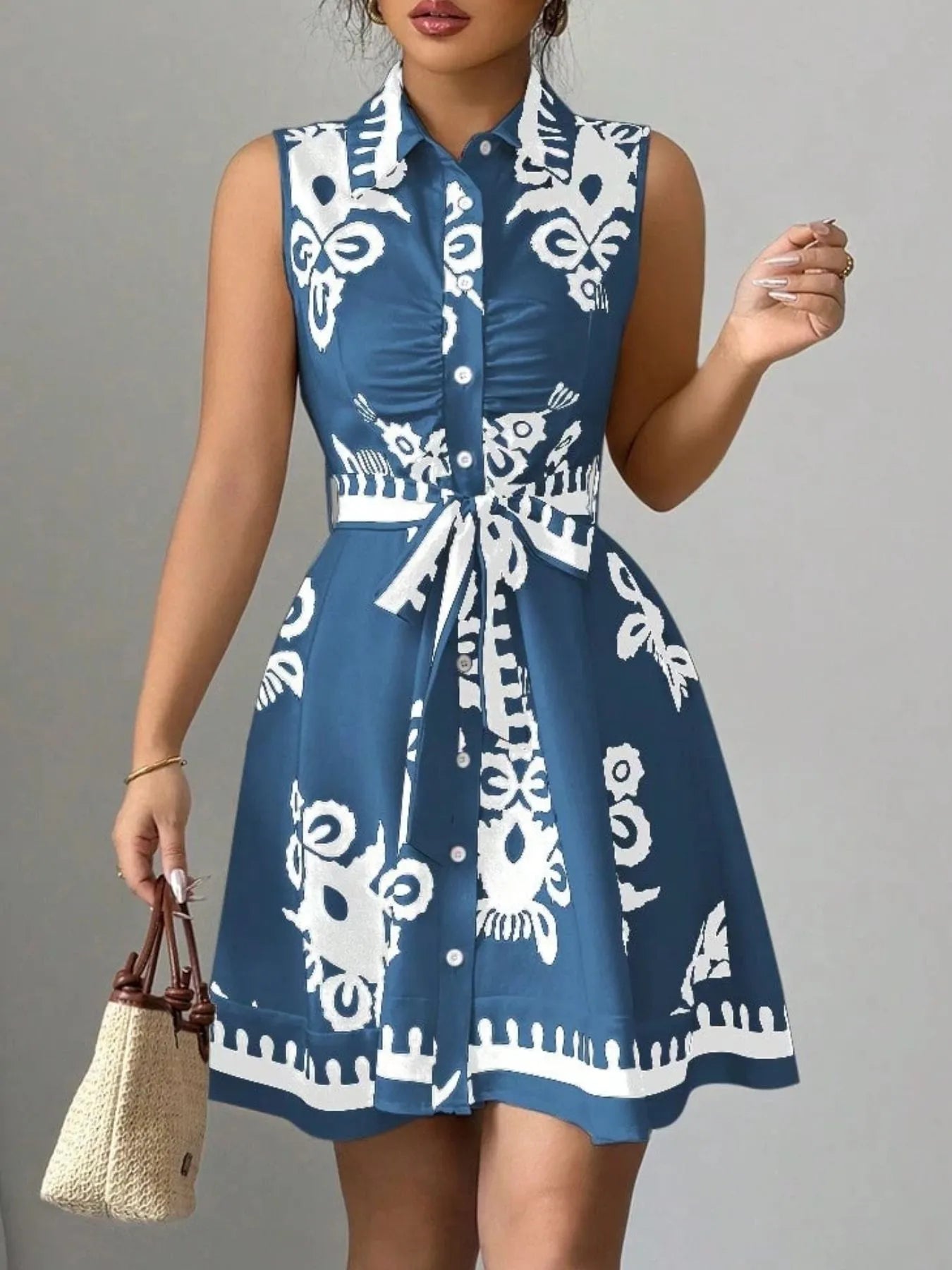 Printed Sleeveless Tie Waist Mini Dress - Blushé Belle