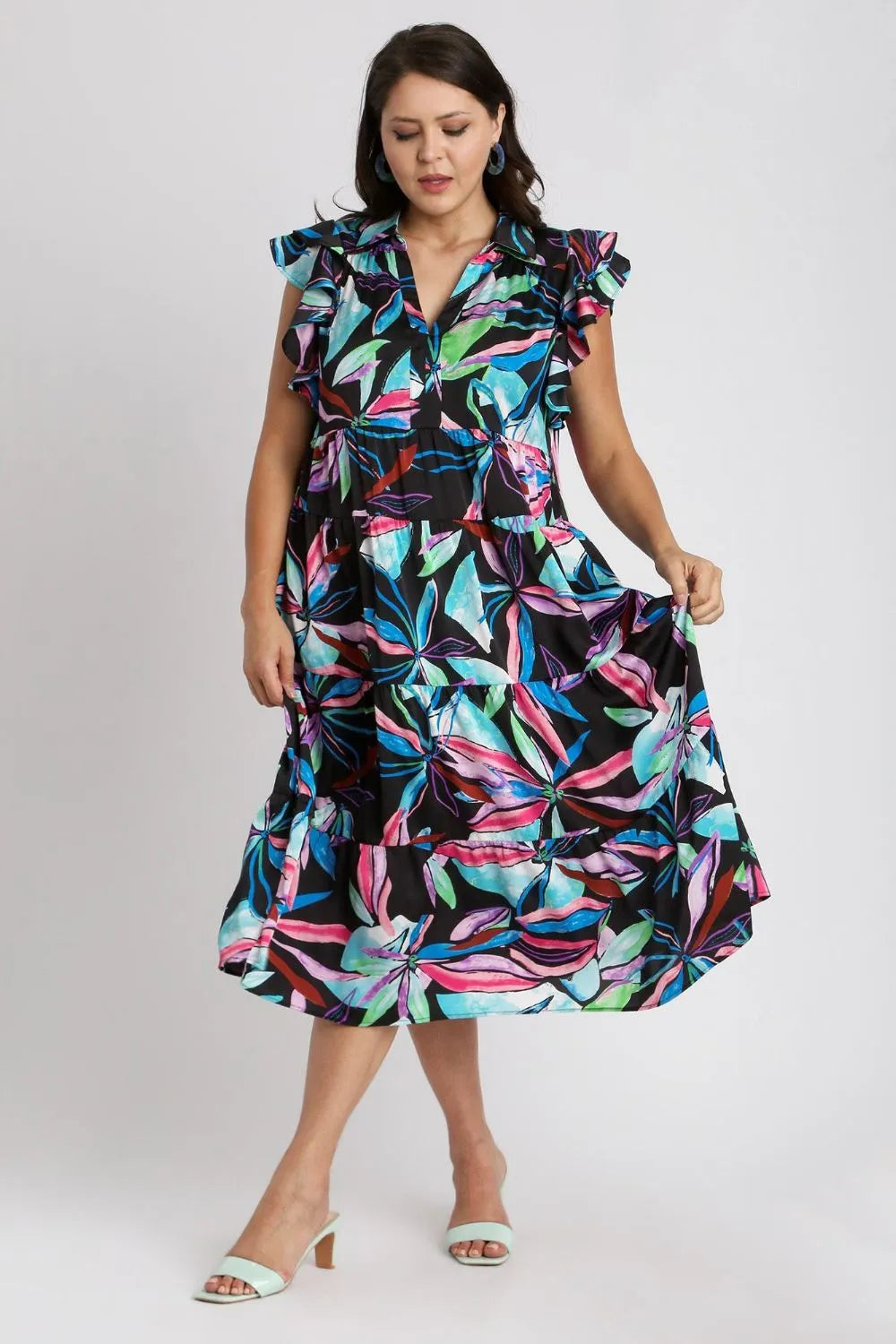 Umgee Full Size Leaf Print Double Layered Ruffle Sleeve Tiered Midi Dress Plus Size - Blushé Belle