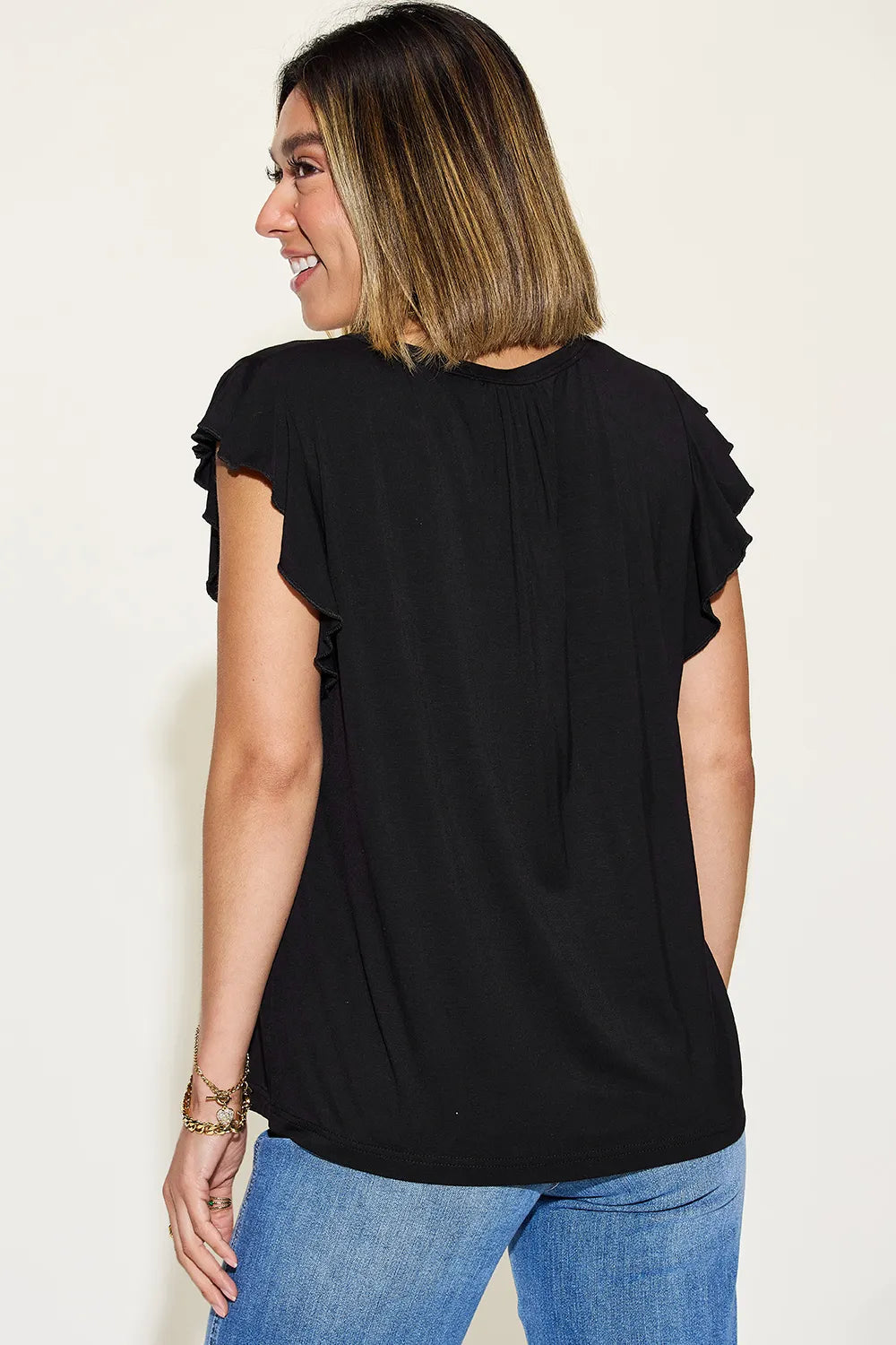 Basic Bae Full Size Bamboo Notched Ruffled Short Sleeve T-Shirt - Blushé Belle