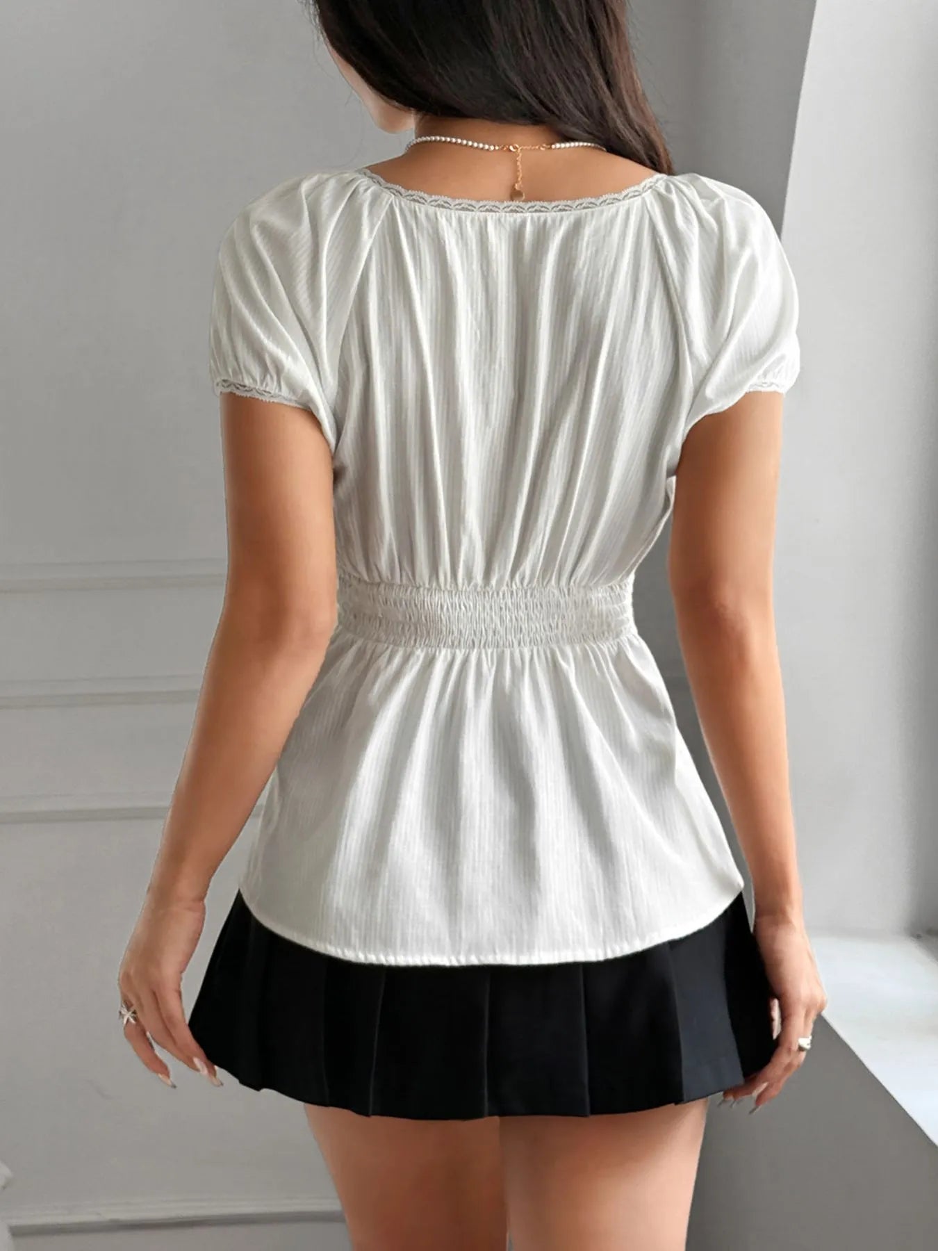 Lace Trim Square Neck Puff Sleeve Top - Blushé Belle