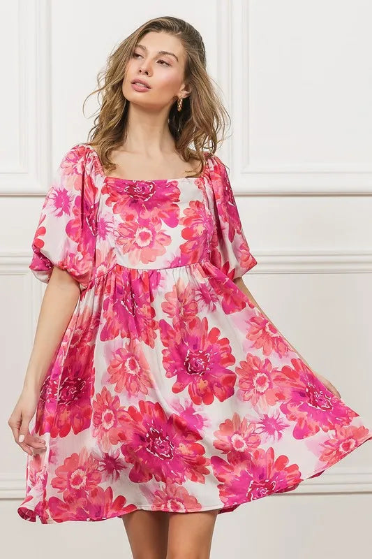 BiBi Floral Square Neck Puff Sleeve Mini Dress - Blushé Belle