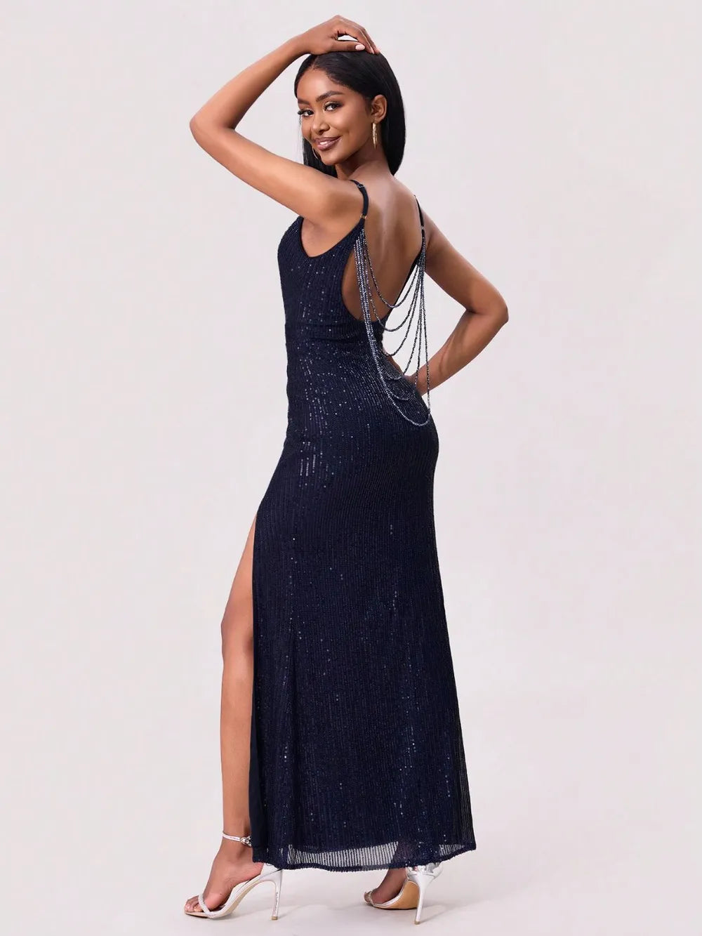 Split Sequin Backless Maxi Cami Dress - Blushé Belle
