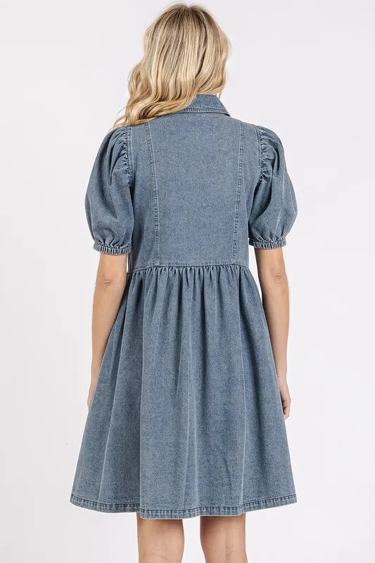 Mittoshop Button Down Puff Sleeve Denim Dress - Blushé Belle