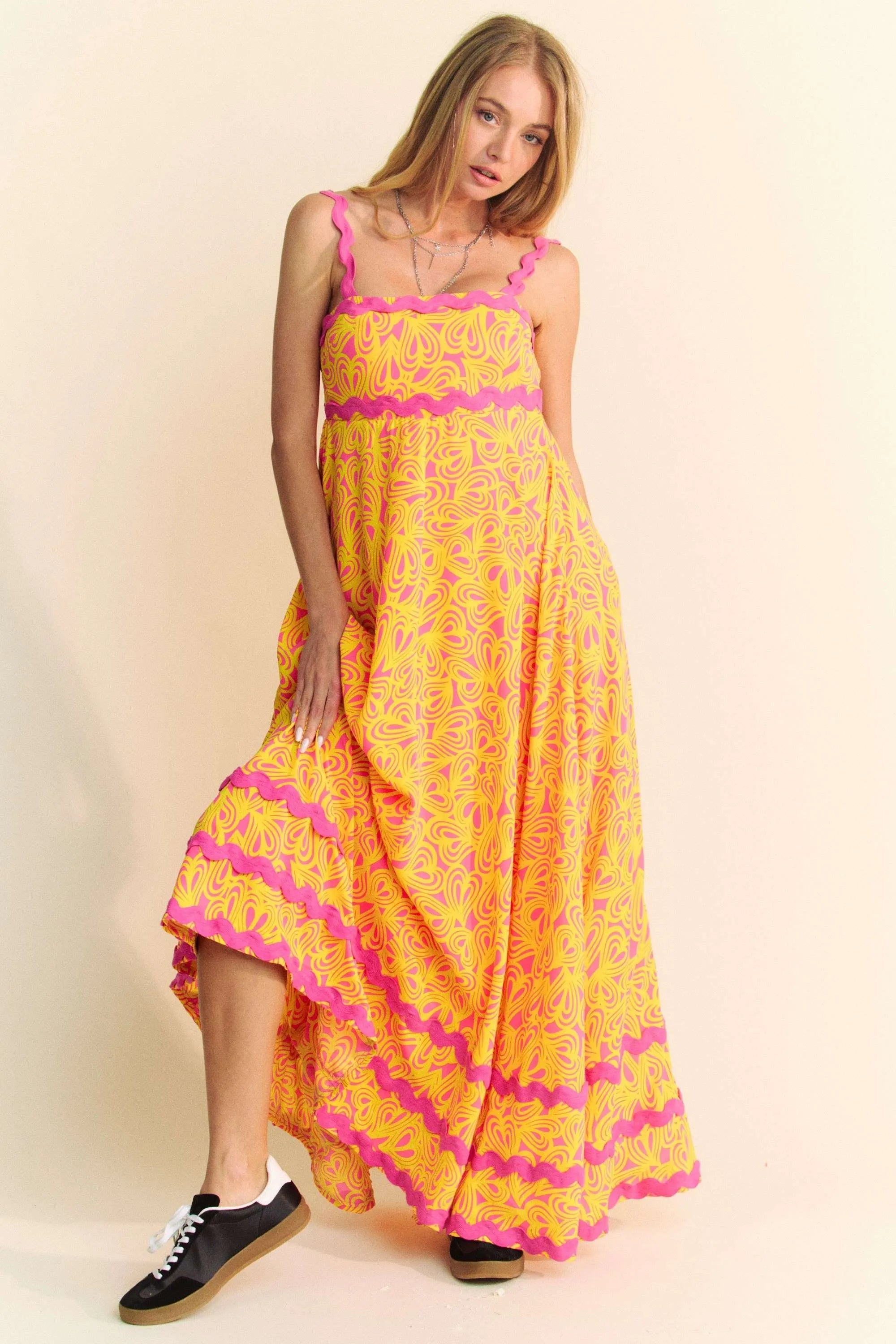 Davi & Dani Geo 2 Tone Printed Wavi Trim Tiered Maxi Dress - Blushé Belle