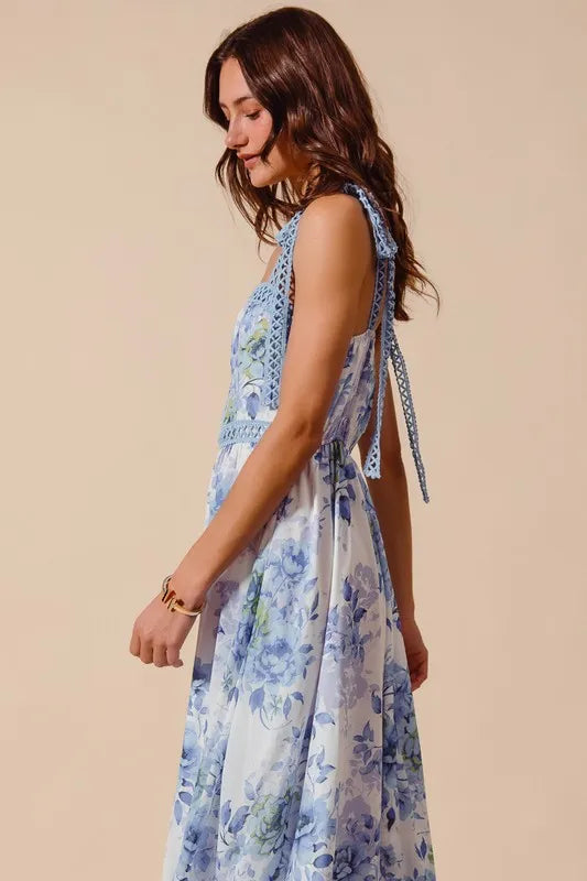 SO ME Floral Print Flowy Maxi Dress with Lace Ribbon Tie - Blushé Belle