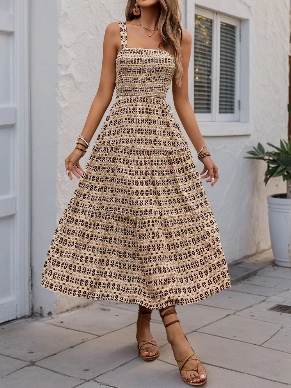 Printed Tiered Wide Strap Midi Dress - Blushé Belle