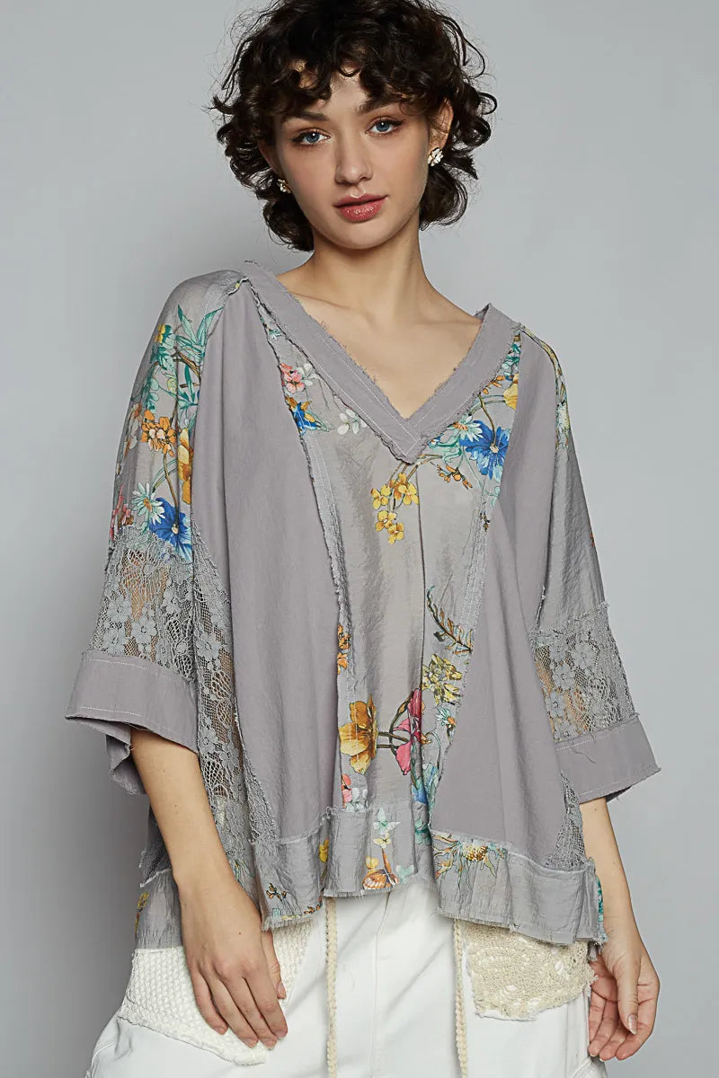 POL Floral V-Neck Raw Edge T-Shirt with Lace Detail - Blushé Belle