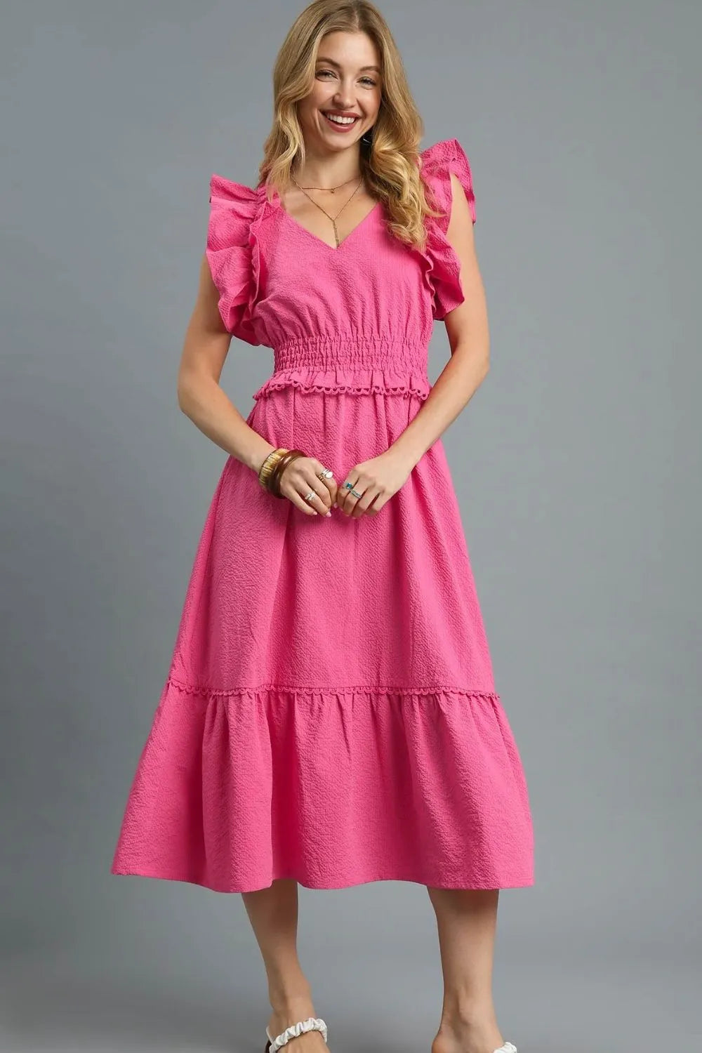 Umgee V-Neck Ruffled Cap Sleeve Midi Dress - Blushé Belle