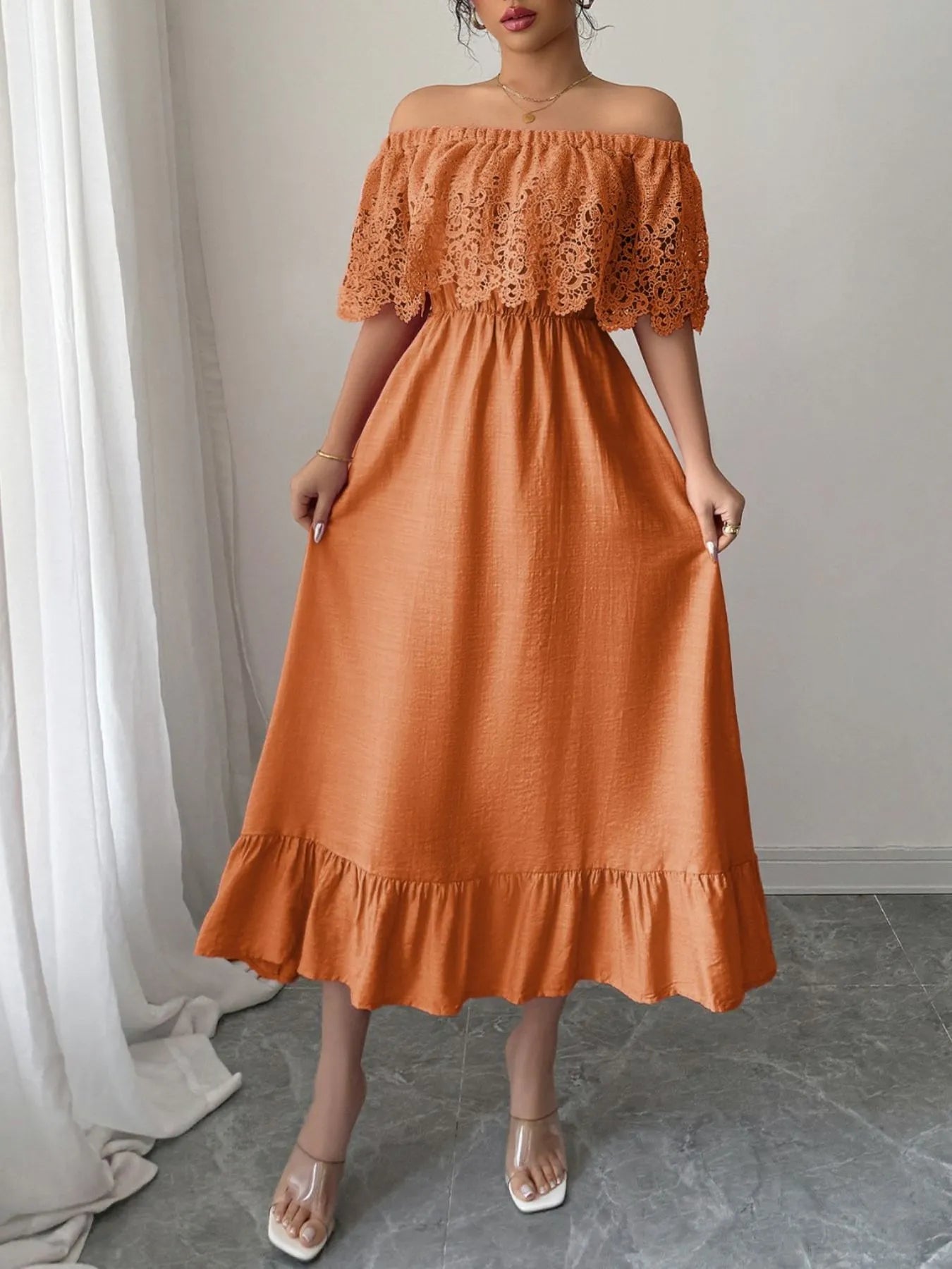 Off-Shoulder Lace Ruffle Midi Dress - Blushé Belle