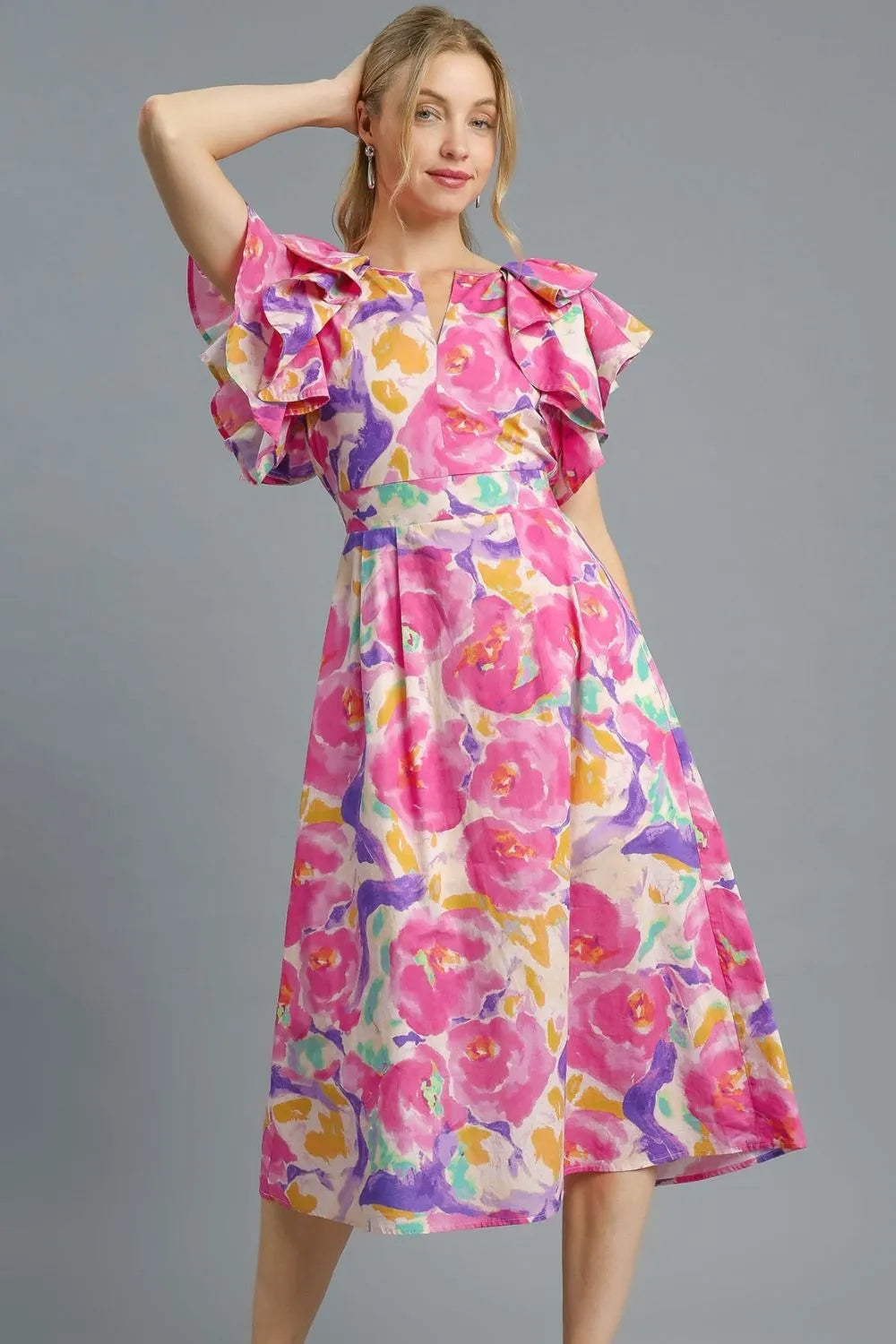 Umgee Floral Ruffled Cap Sleeve Midi Dress - Blushé Belle