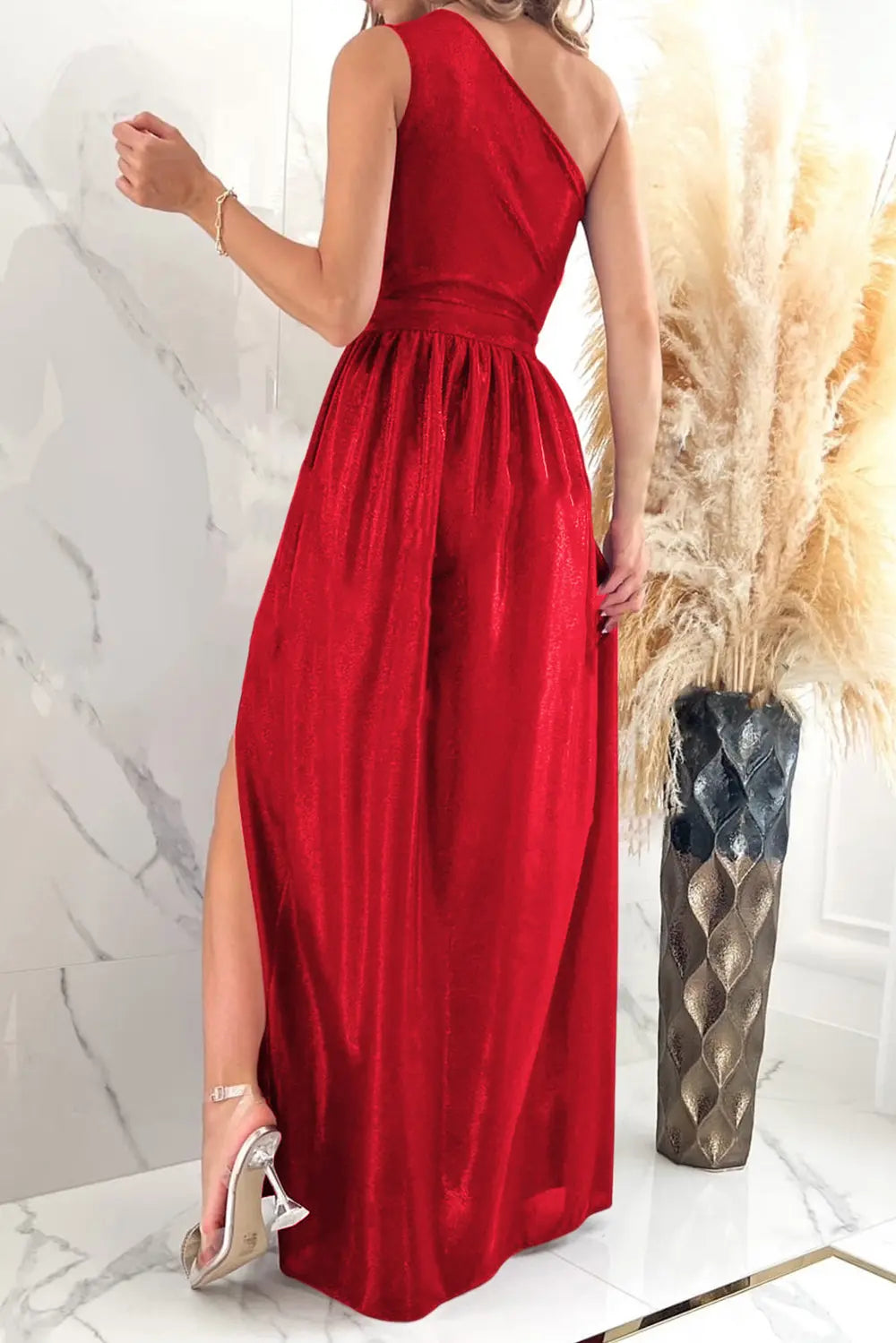 One Shoulder Slit Ruched Maxi Dress - Blushé Belle