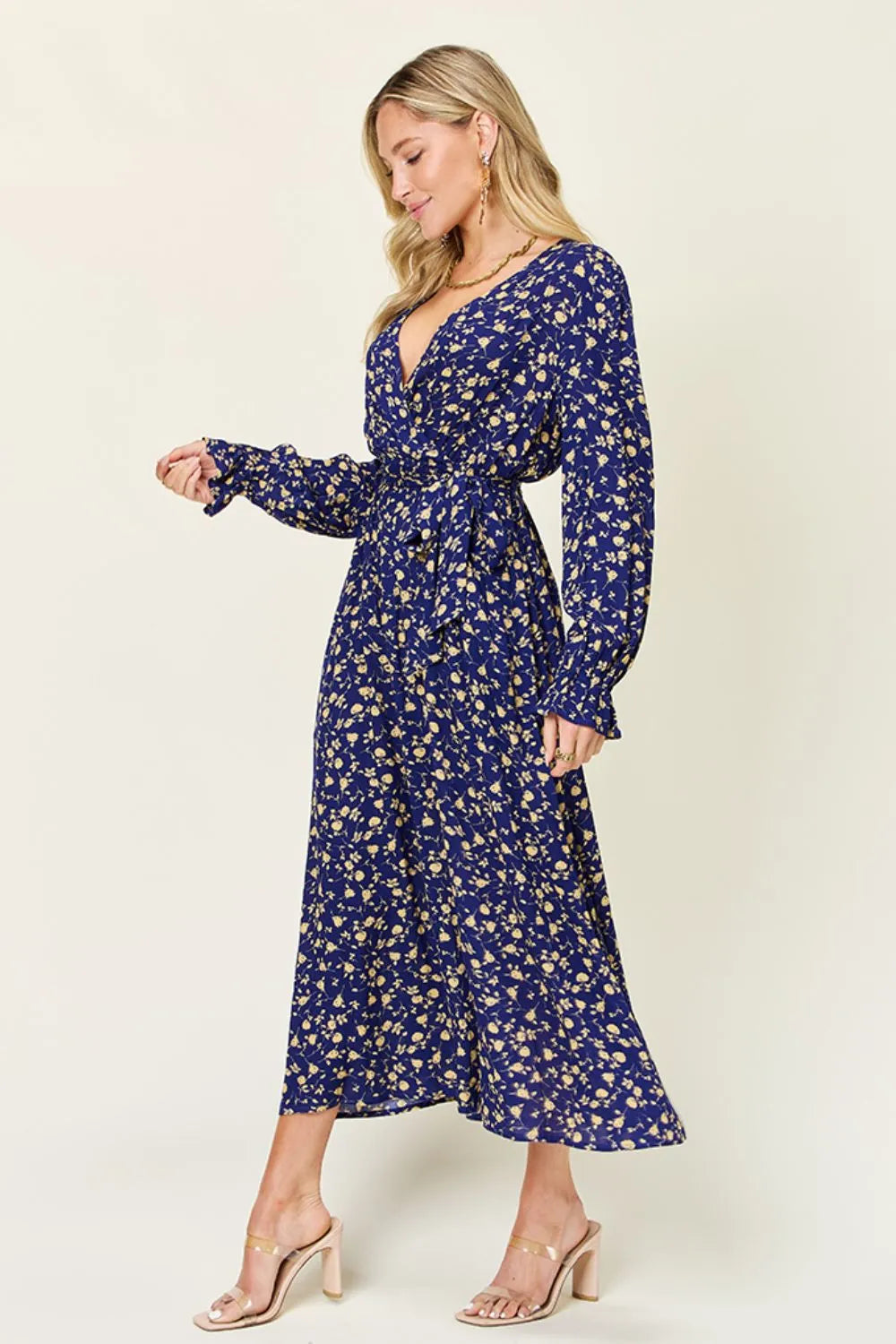 Double Take Full Size Tie Back Flounce Sleeve Dress - Blushé Belle